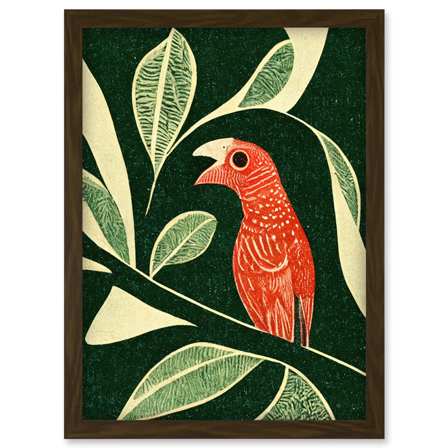 Doppelganger33 LTD Red Parrot On Tree Branch Vintage Linocut Illustration Artwork Framed Wall Art Print A4