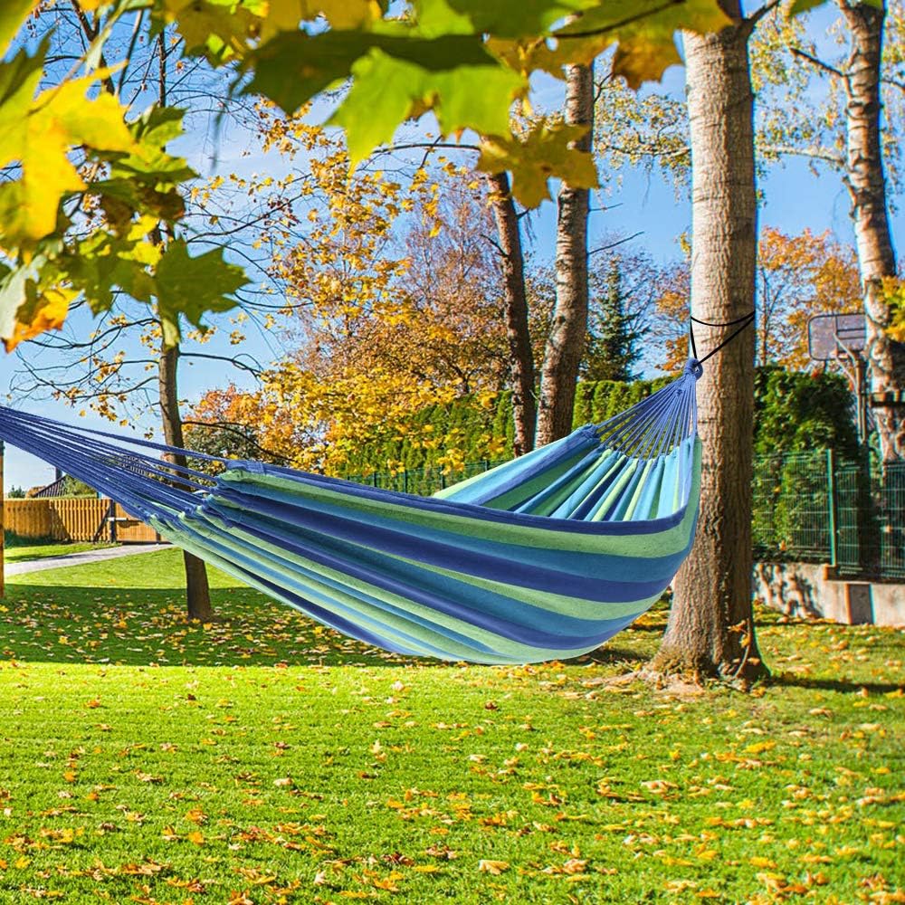 YUN JIN 200 X 150cm Hammock Chair, Portable Polyester & Cotton Hammock,Swing Seat Hanging Chair,Hanging Polyester Hammock Suitable for Patio Backyard Garden Balcony Porch Outdoor (Blue & Green Strip)