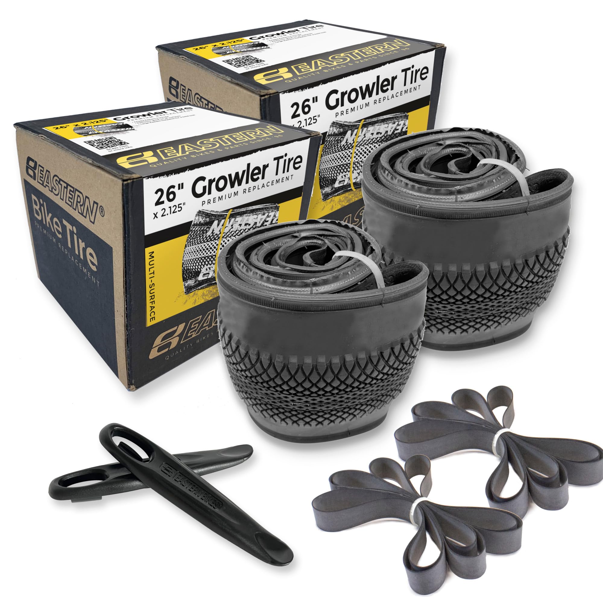 Eastern Bikes Growler 26" x 2.125" Bicycle Tyre & Tube Repair Kit – Complete Replacement Set 1 or 2 Pack (No Logo, 2 Pack Without Tubes)