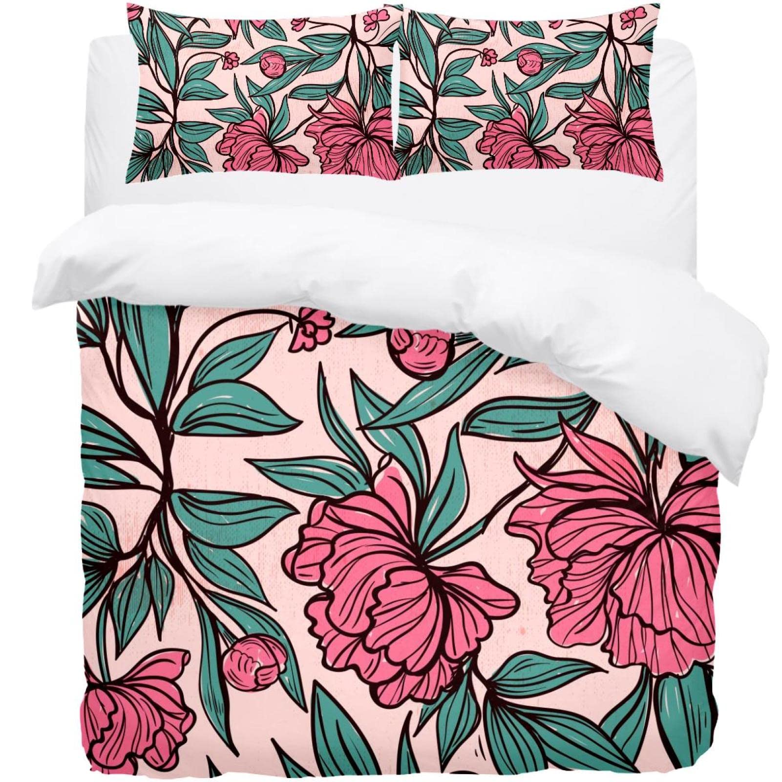Parure de lit motif floral tropical rose avec housse de couette et 2 taies d'oreiller