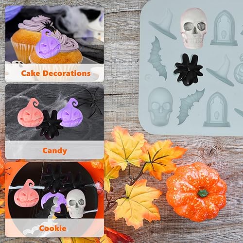 Miniatura 5 de Dohia Moldes de silicona para Halloween, 18 diseños, moldes de chocolate para Halloween, calabaza, murciélago, calavera, sombrero de bruja para