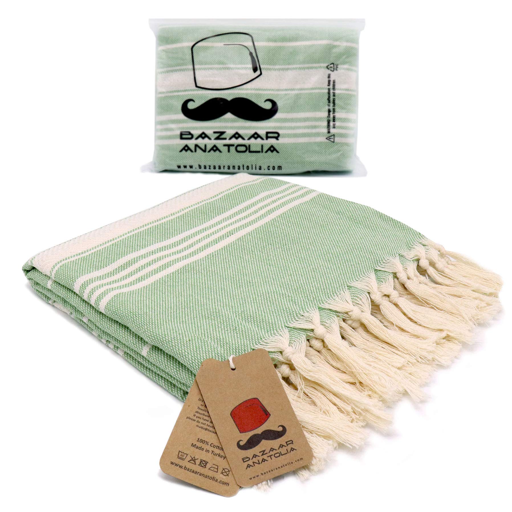 Bazaar Anatolia Stripe Turkish Towel 100% Cotton Peshtemal Bath Towel 75x38 Thin Lightweight Travel Camping Bath Sauna Beach Gym Pool Blanket Fouta Quick Dry Towels (Green)