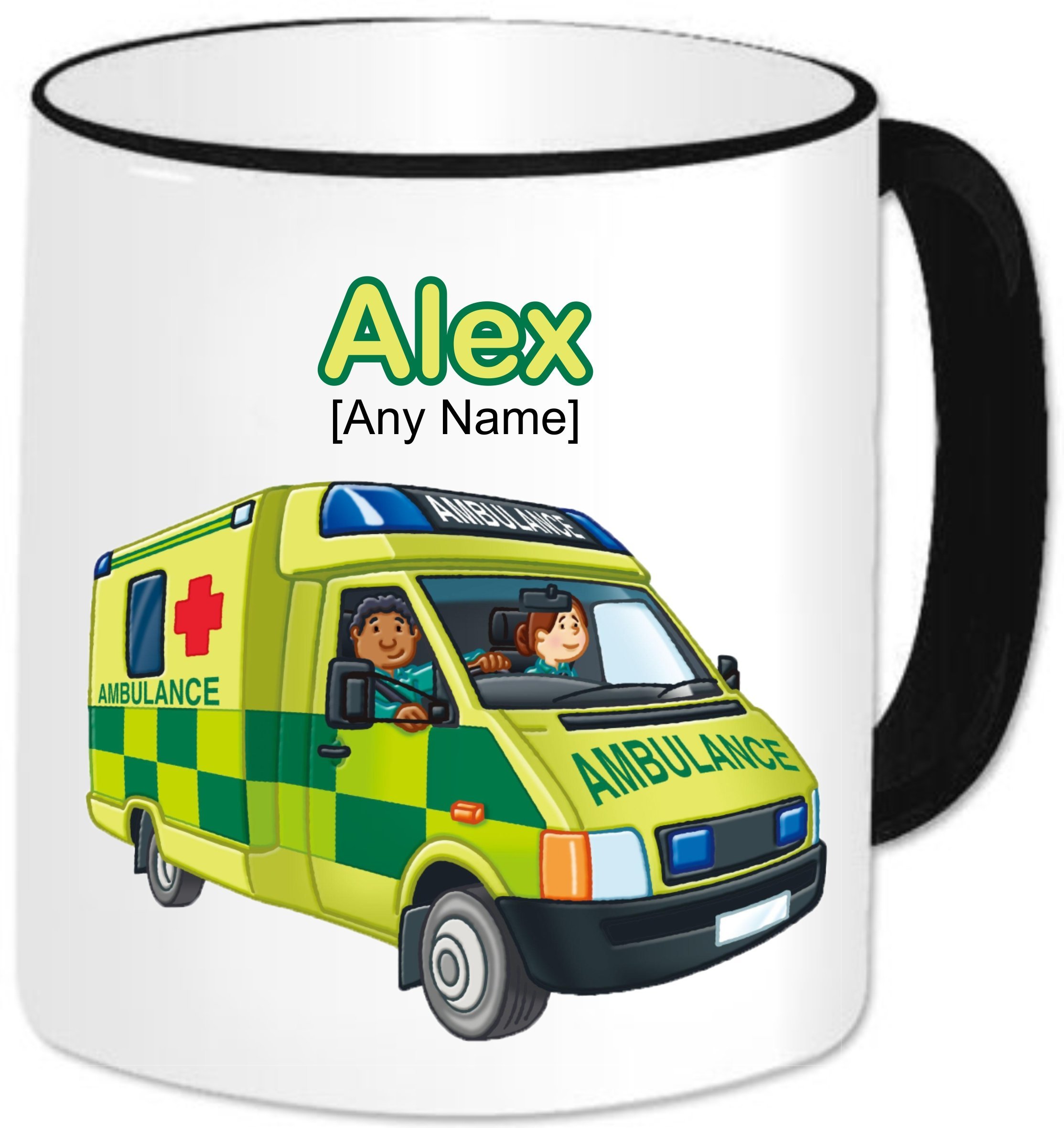Gadgetepoint Black Handle & Rim Personalised Paramedic Gift - Ambulance Mug (Any Name Any Message). Uk British Emergency Services Paramedic Medical Hospital Staff Red Cross Van Vehicle Automobile Theme (Black Handle & Rim)