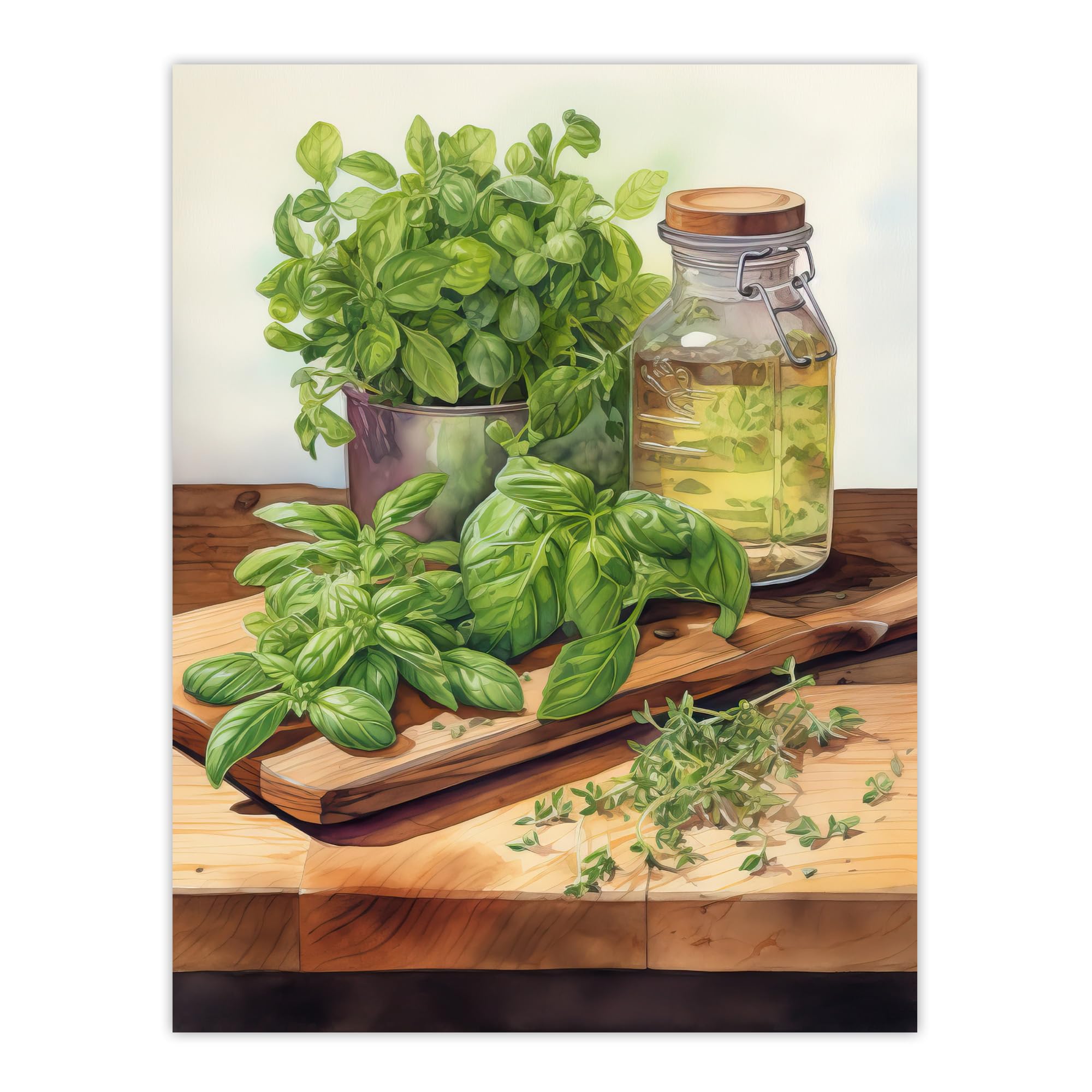 Artery8 Watercolour Basil Herb Still Life Wall Art Poster Print 18x24 Inch