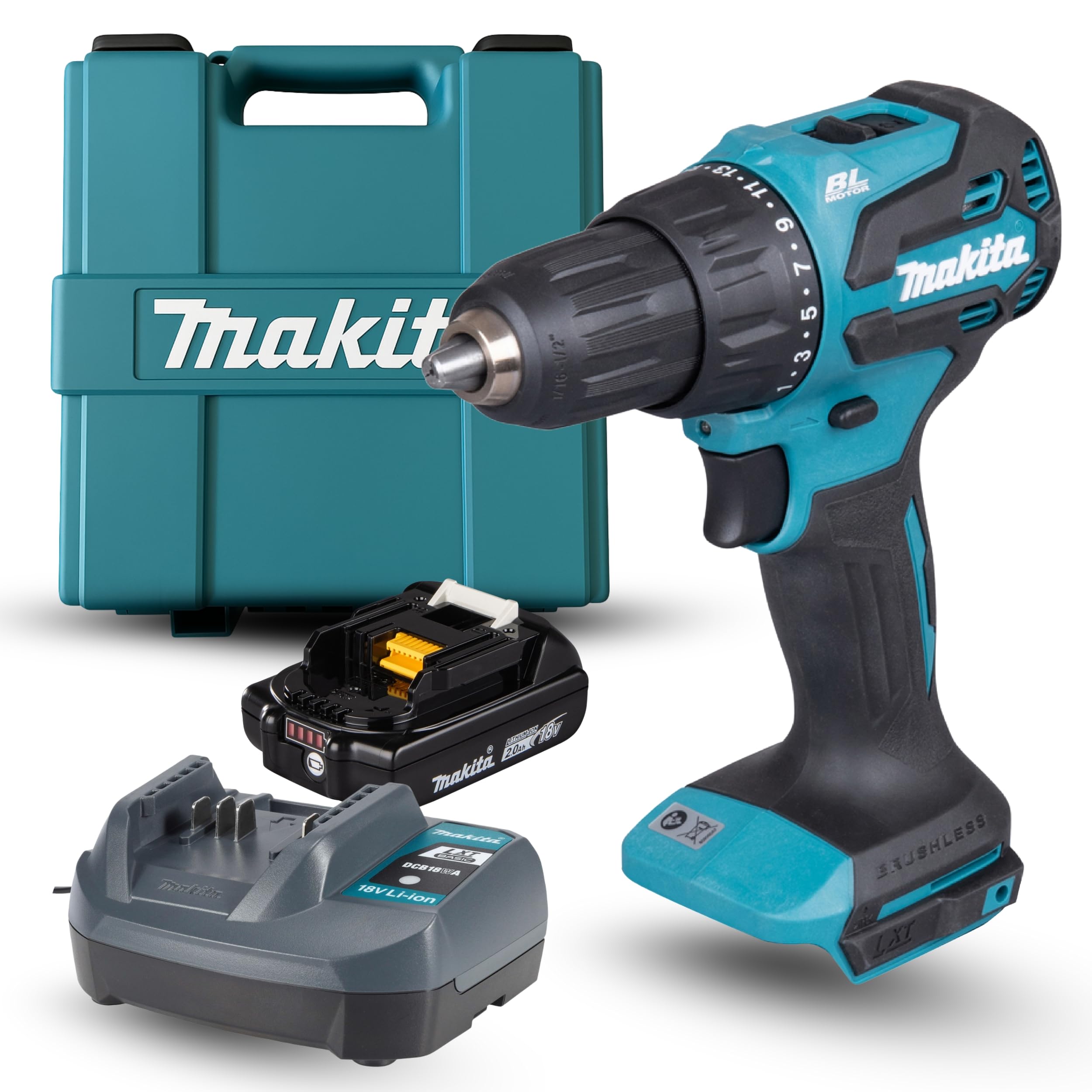 Rotomartillo Makita DHP490 1/2 Pulg. 65 Nm 18V Con maletin de transporte cargador y 1 batería de 2.0 Ah