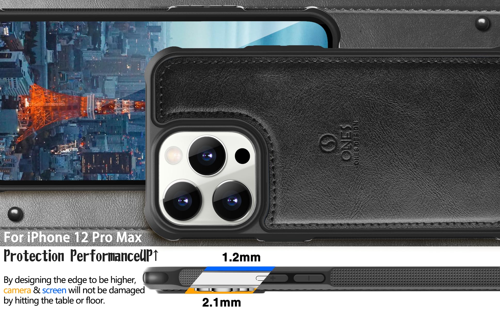 ONES for iPhone 12 Pro Max PU Leather Case 『 Shockproof Military Grade Protection Airbags 』『 Anti-fingerprint 』『 TPU Bumper Non-slip 』『Wireless Charging』 Sturdy Impact Absorb Shockproof Hard Cover - Image 3