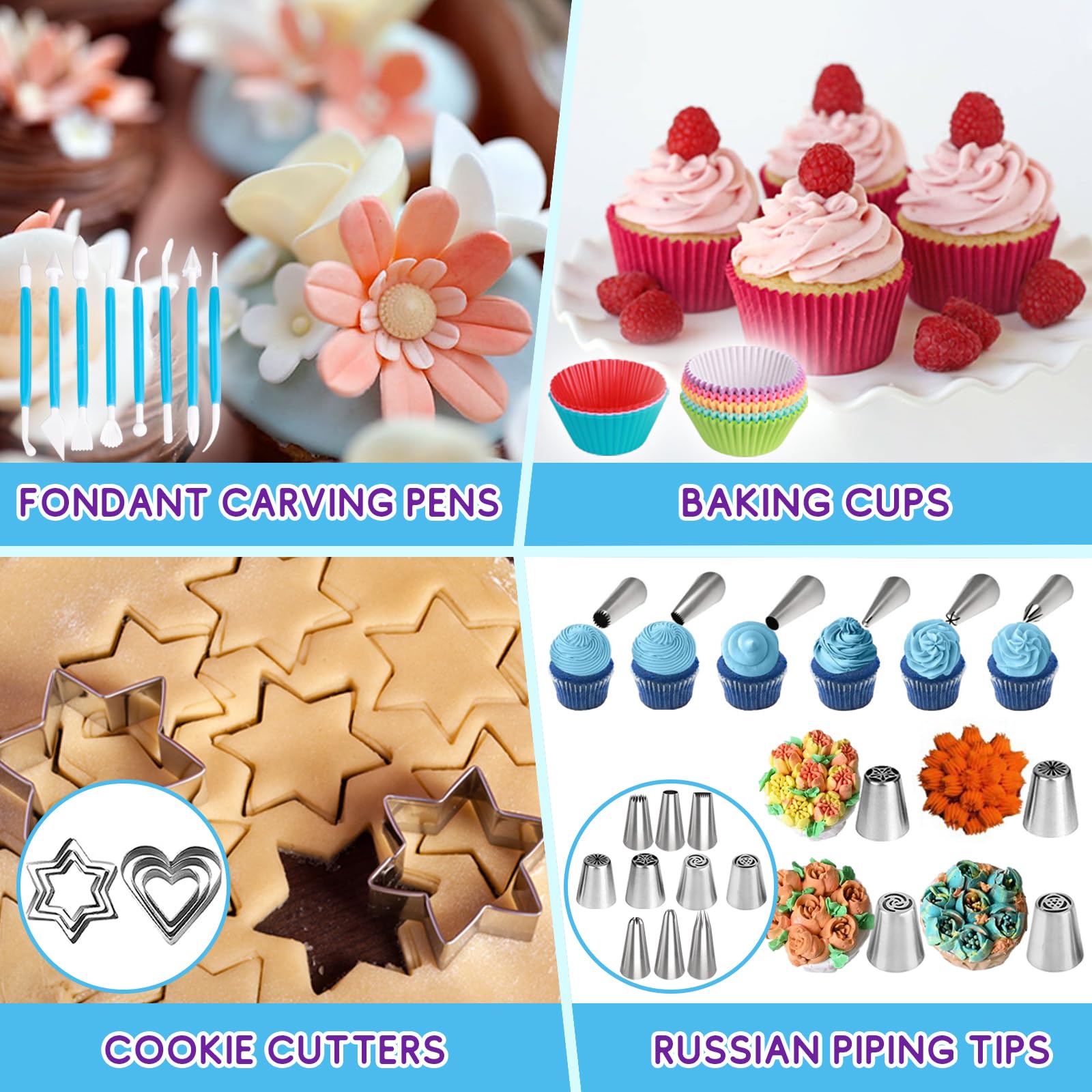 Kit de suministros para hornear para decoración de pasteles, 46 puntas de tubería y 51 bolsas de glaseado con caja de herramientas de 3 capas, herramientas para hornear fondant, cupcakes, galletas,