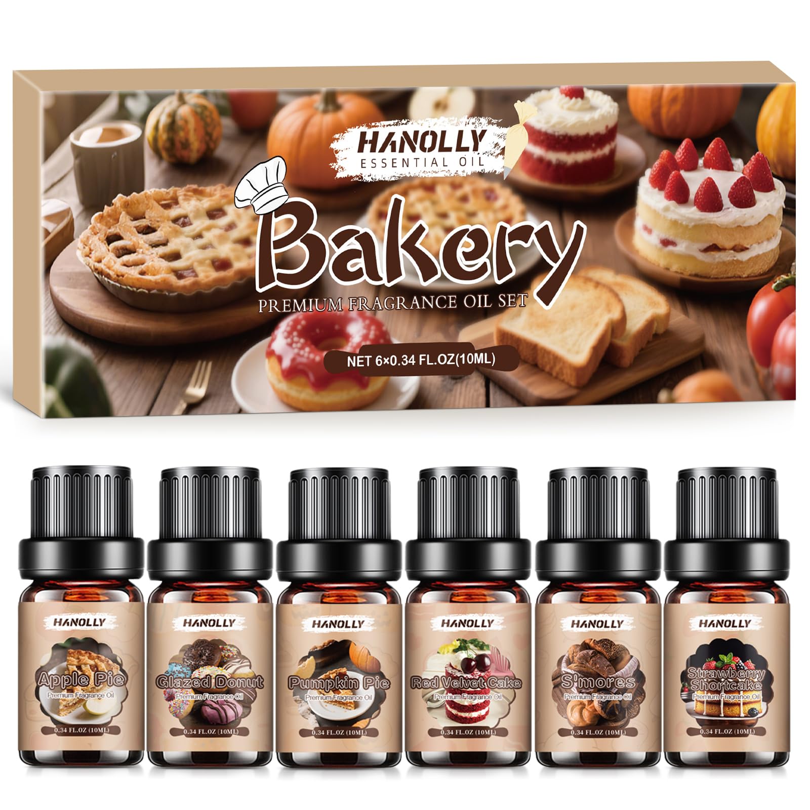 Bakery Essential Oils Set，Premium Fragrance Oil for Diffusers, Scented Oils for Soap & Candle Making, Pumpkin Pie, Apple Pie, S'Mores, Red Velvet Cake