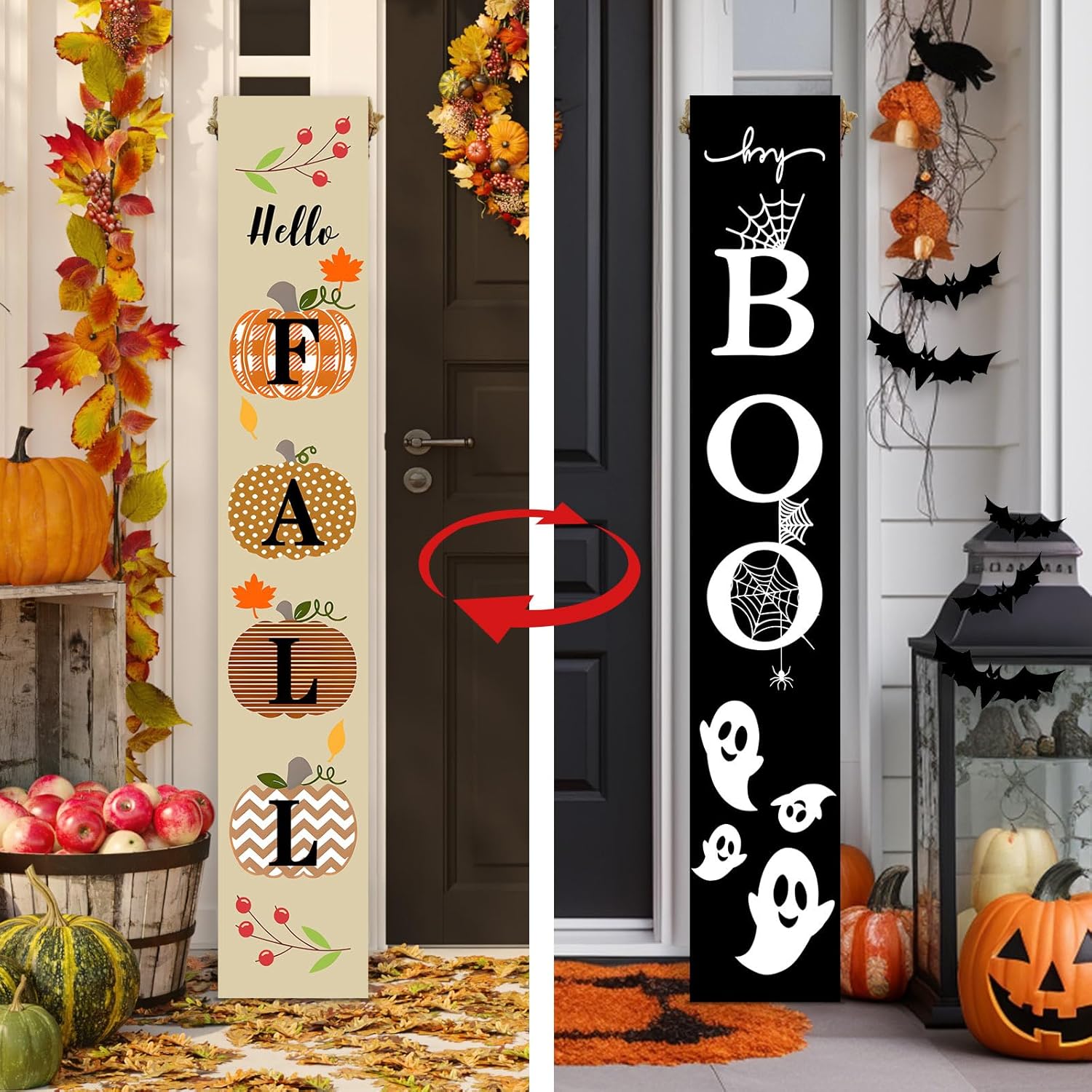 Two Sided Fall Halloween Porch Sign, 47.2 Inchs Wooden Outdoor Hello Autumn Hey Boo Tall Large Vertical Welcome Sign For Front Door Standing Porch Boards Decor, Outside Yard Home Decorations