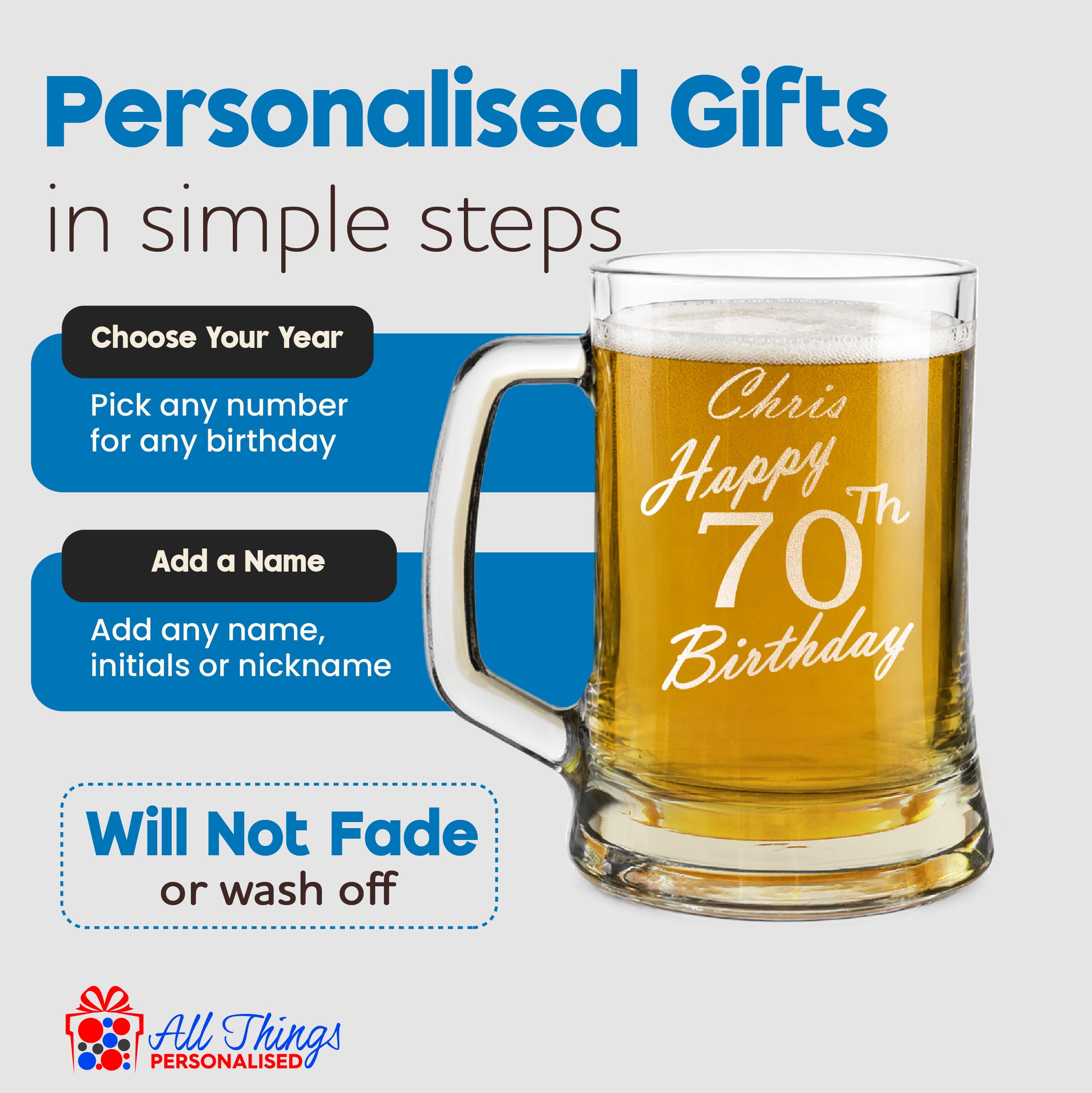 Chope à bière gravée personnalisée avec inscription « Happy 70th Birthday » dans une boîte cadeau