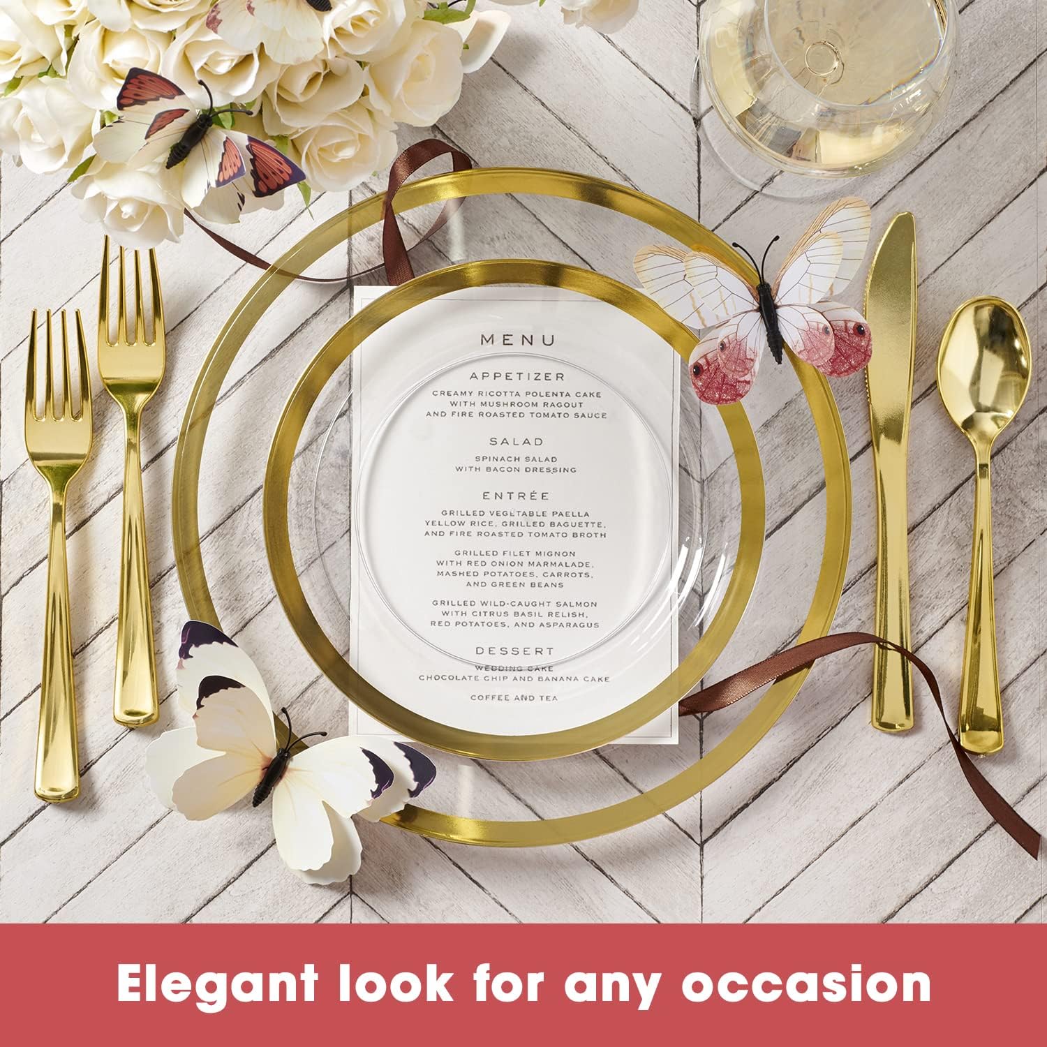 By Madee HEAVYWEIGHT ccear and Gold Trimmed Plastic Plates | Nice Disposable Plates and Cutlery Set | Includes Gift of Dazzling 3D butterflies for table Decor | 150 Pcs for 25 Guests