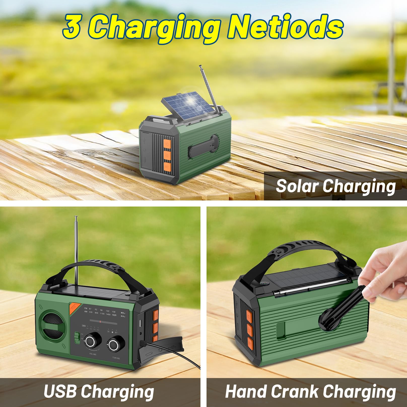 27000mAh Bluetooth Kurbelradio mit Handyladefunktion Solar, AM/FM Solar Radio 3 Lademethoden 8 in 1 Tragbares Notfallradio mit Powerbank,SOS,Taschenlampe,Kompass,Leselampe,Kopfhöreranschluss