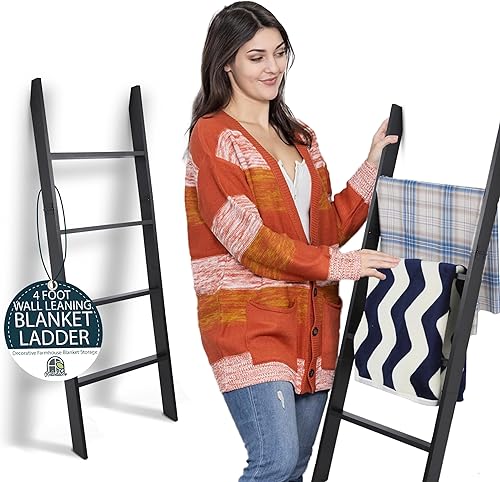 Miniatura 10 de RELODECOR Escalera de manta inclinada de pared de 6 pies, construcción laminada sin enganches (marrón) soporte de edredón de granja para decoración
