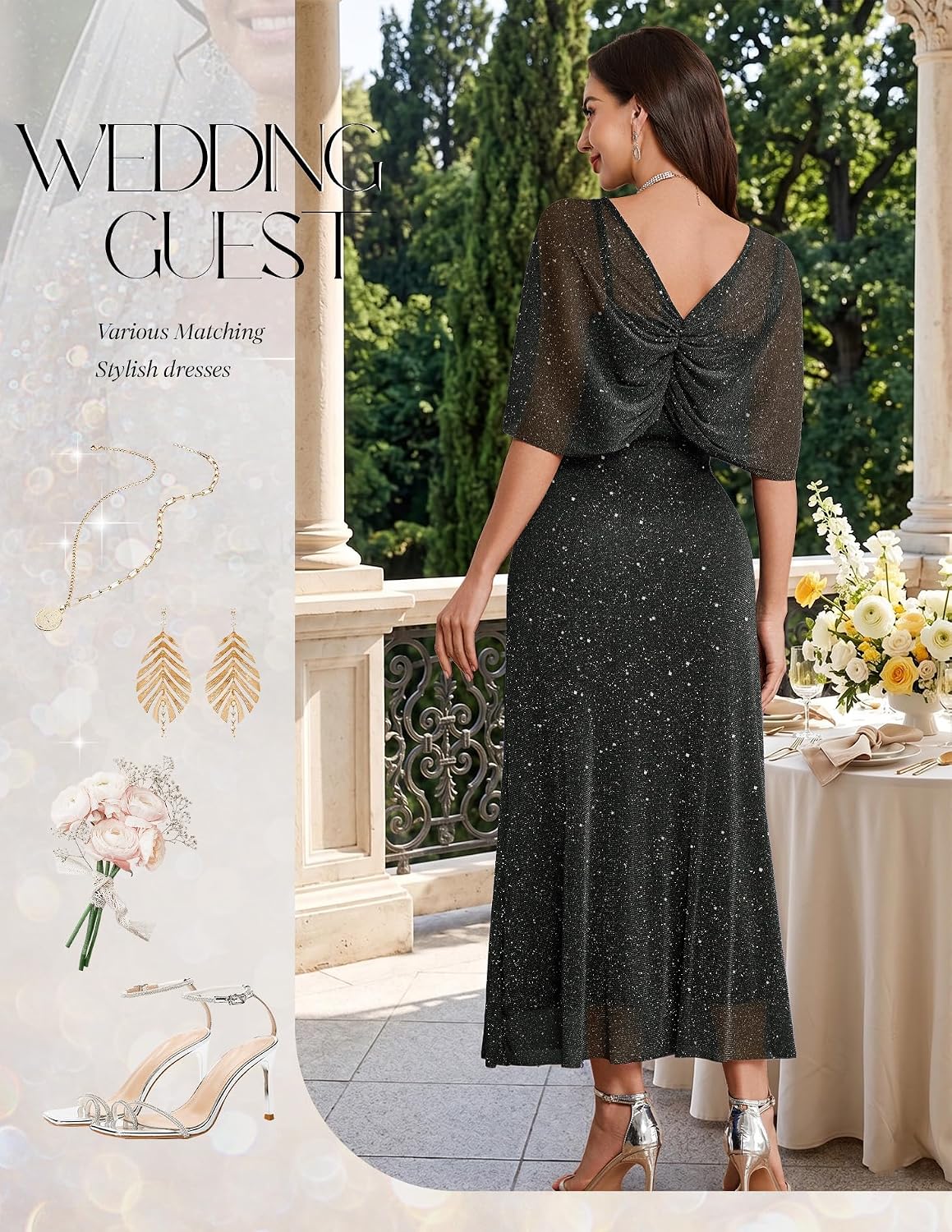 BeryLove Women Elegent Formal Sequin Cocktail Party Long Dress with Shawl | Glitter Wedding Guest Evening Prom Gown Dresses,2-in-1 Versatile Shawl,Sequins That Stay Put,Comfort Meets Elegant