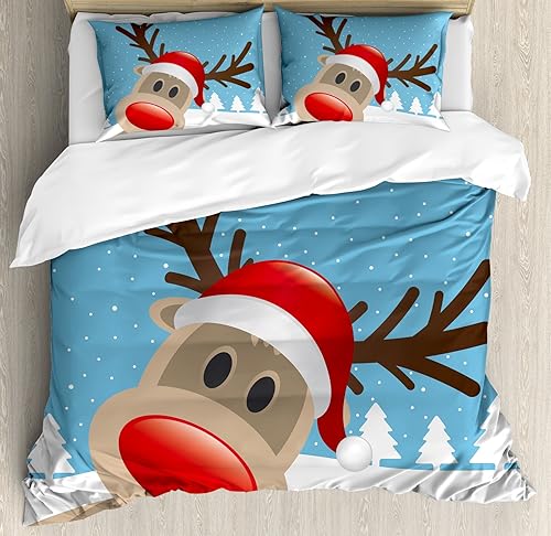 Miniatura 1 de Ambesonne Juego de funda de edredón de Navidad, reno Rodolfo nariz roja y sombrero de Papá Noel, bosque nevado, juego de ropa de cama decorativo de