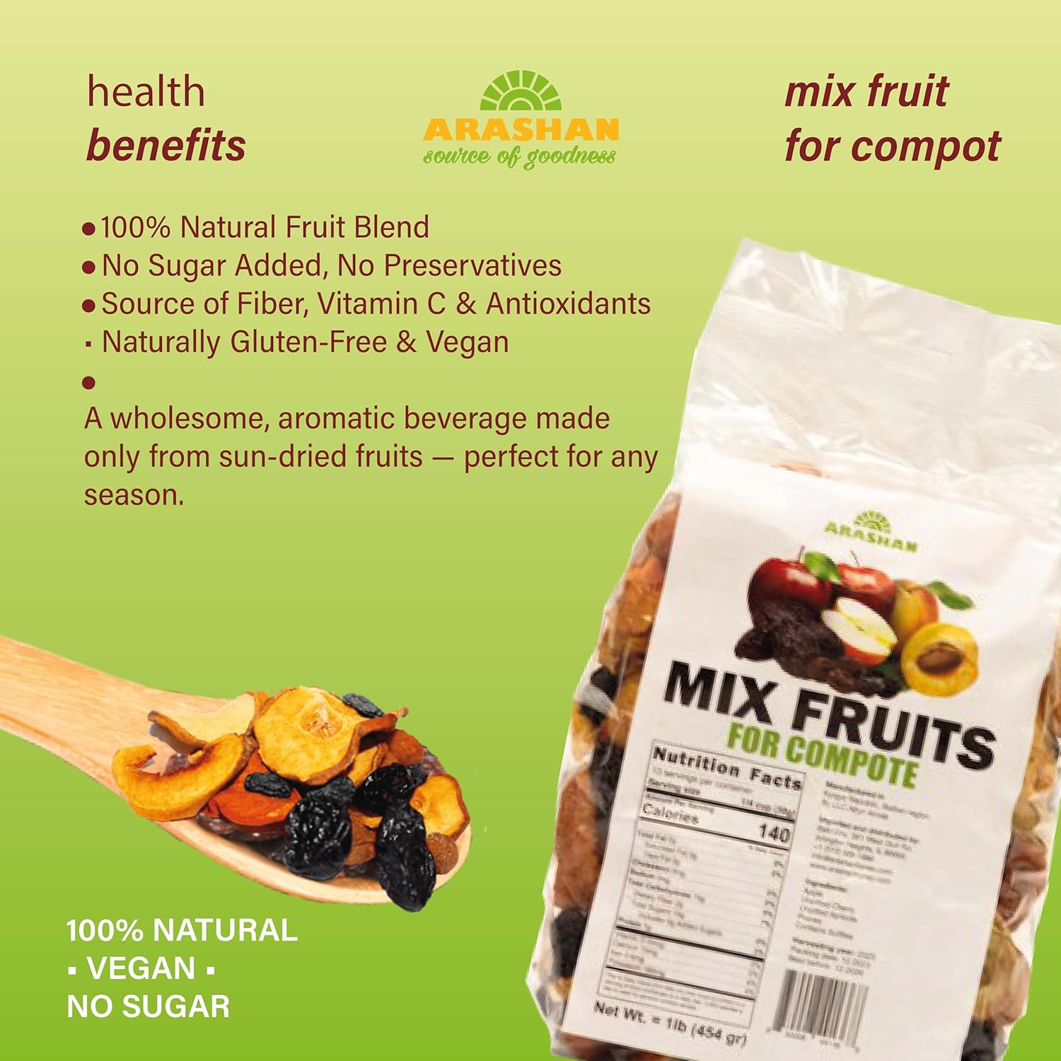 ARASHAN Dried Fruit Compote - Natural & Refreshing Mixed Dried Fruit Packed With Benefits, Vitamins, Minerals & Bioactive Nutrients - Natural Drinks To Support Healthy Living (2 LB)