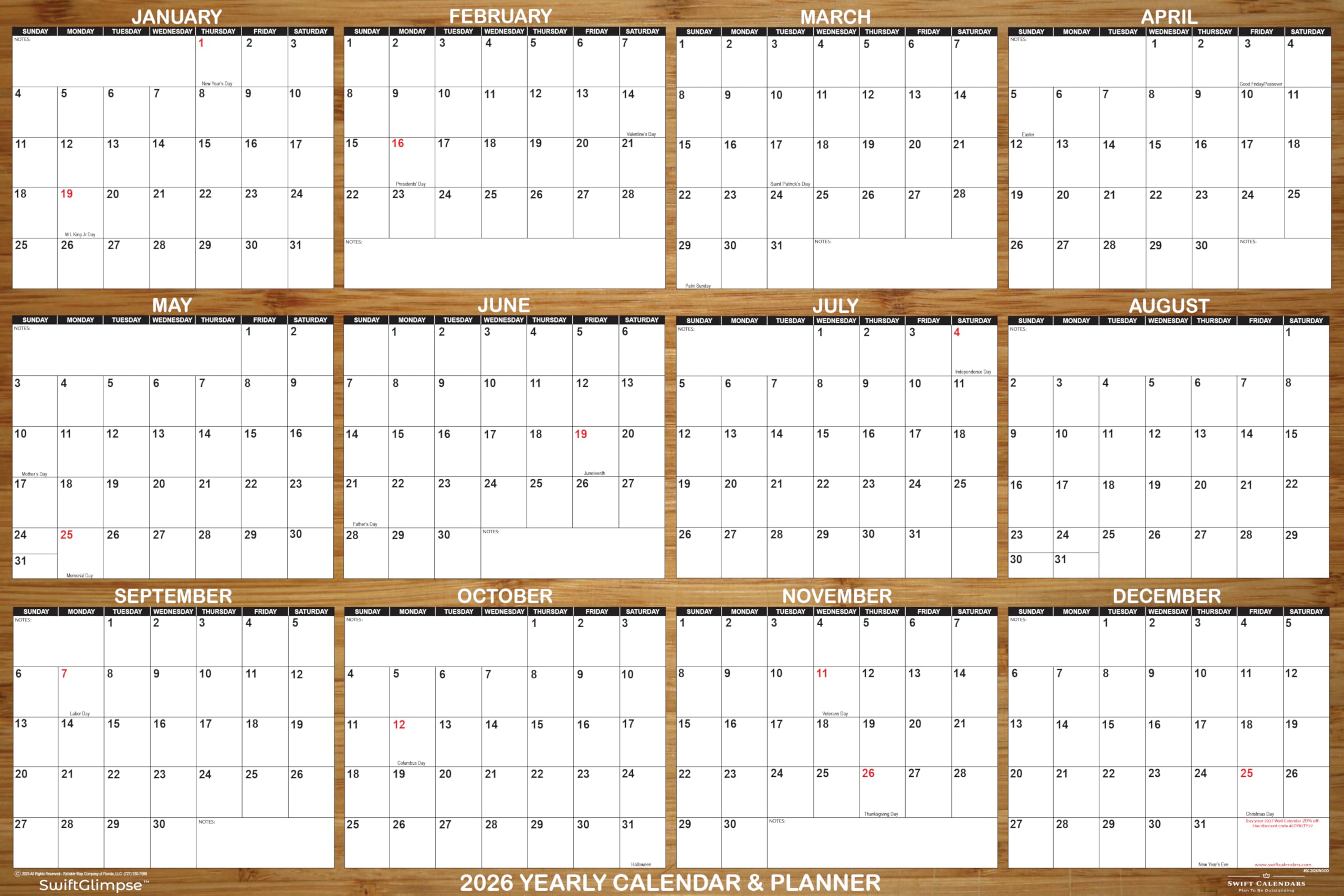 SwiftGlimpse 2026 Wall Calendar, 24" x 36" Designer Series, Large, Erasable, Yearly Wall Planner (Bamboo)