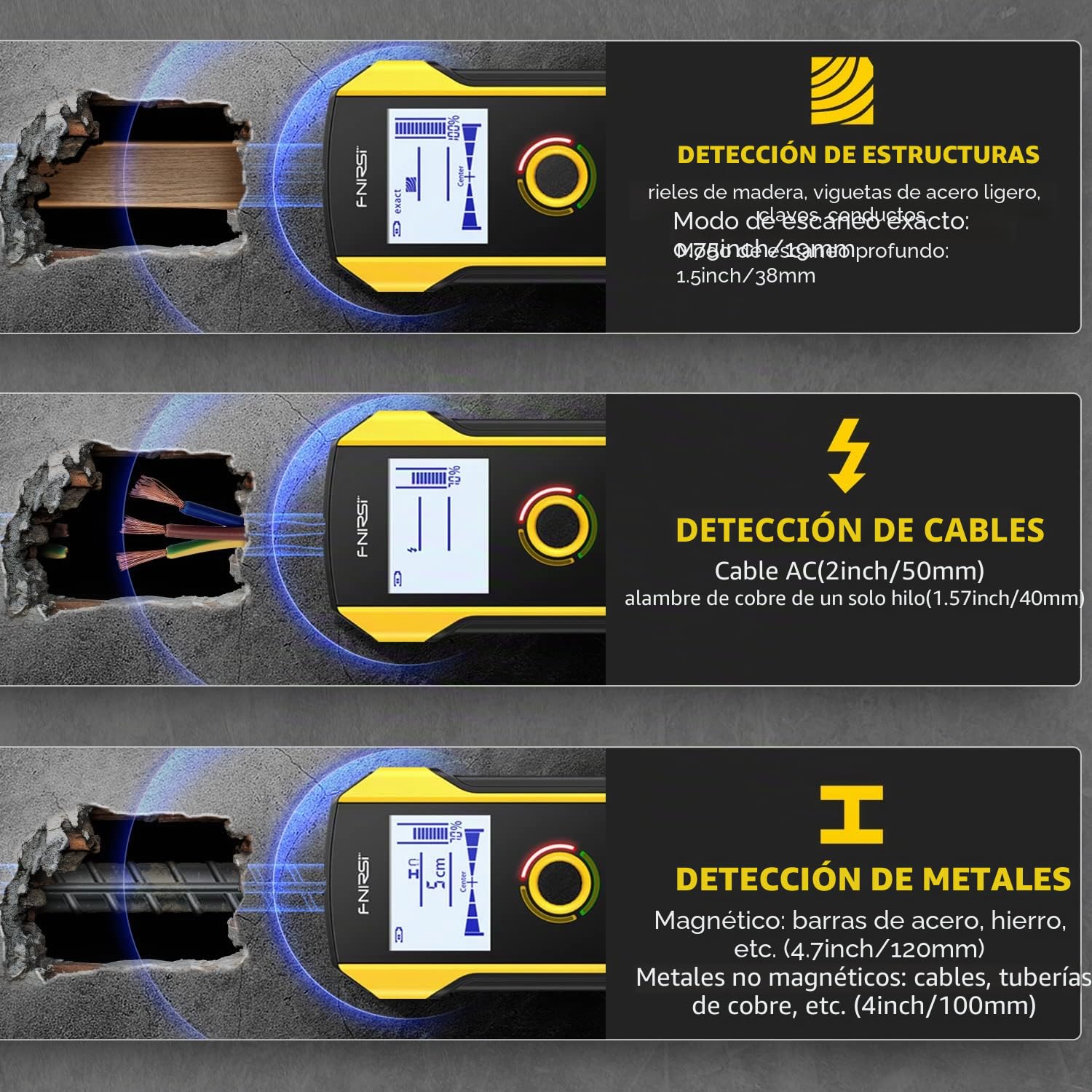FNIRSI Escáner de pared 6 en 1, buscador electrónico de pernos de madera, detector de pared con orificio de posicionamiento actualizado para centro y borde de madera, alambre de CA, pernos de metal