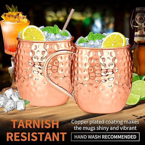 Miniatura 4 de Moscow Mule - Juego de 12 tazas de cobre de 19 onzas con asa, tazas grandes de cobre martillado con doble jigger de 0.5 onzas, pajitas de acero