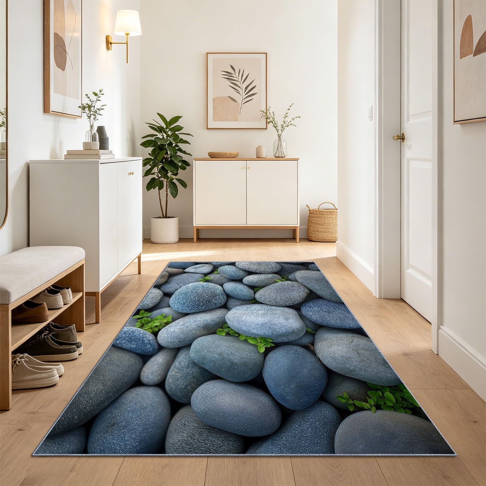 Tapis de couloir antidérapant 60x150 cm gris motif galet pour cuisine et entrée