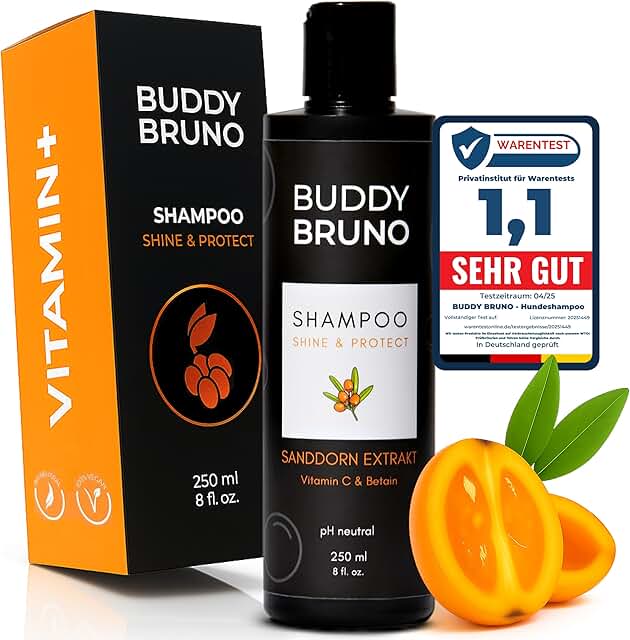 Testnote: Sehr gut - Hundeshampoo sensitiv mit Sanddorn - Fellpflege gegen Juckreiz & Geruch - 100% vegan & natürlich - für glänzendes Fell & Vitale Haut - 250ml + Reinigungs-Pad product image