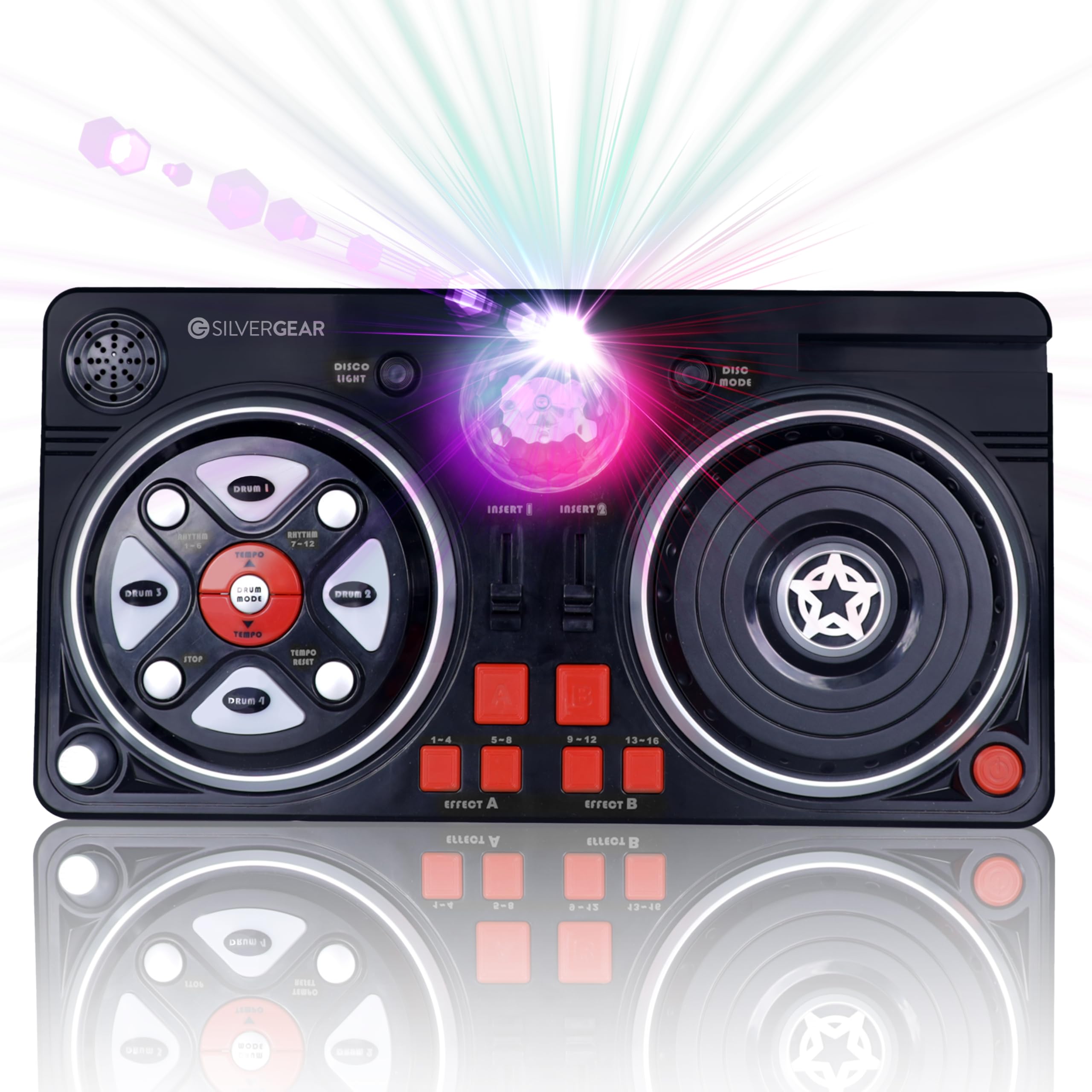 Silvergear® Mesa de Mezclas DJ para Niños | Mesa DJ Principiante con Bola de Discoteca | 46 Efectos de Sonido | Portátil y a Pilas | 39.3 x20.5x6.4 cm | Negro