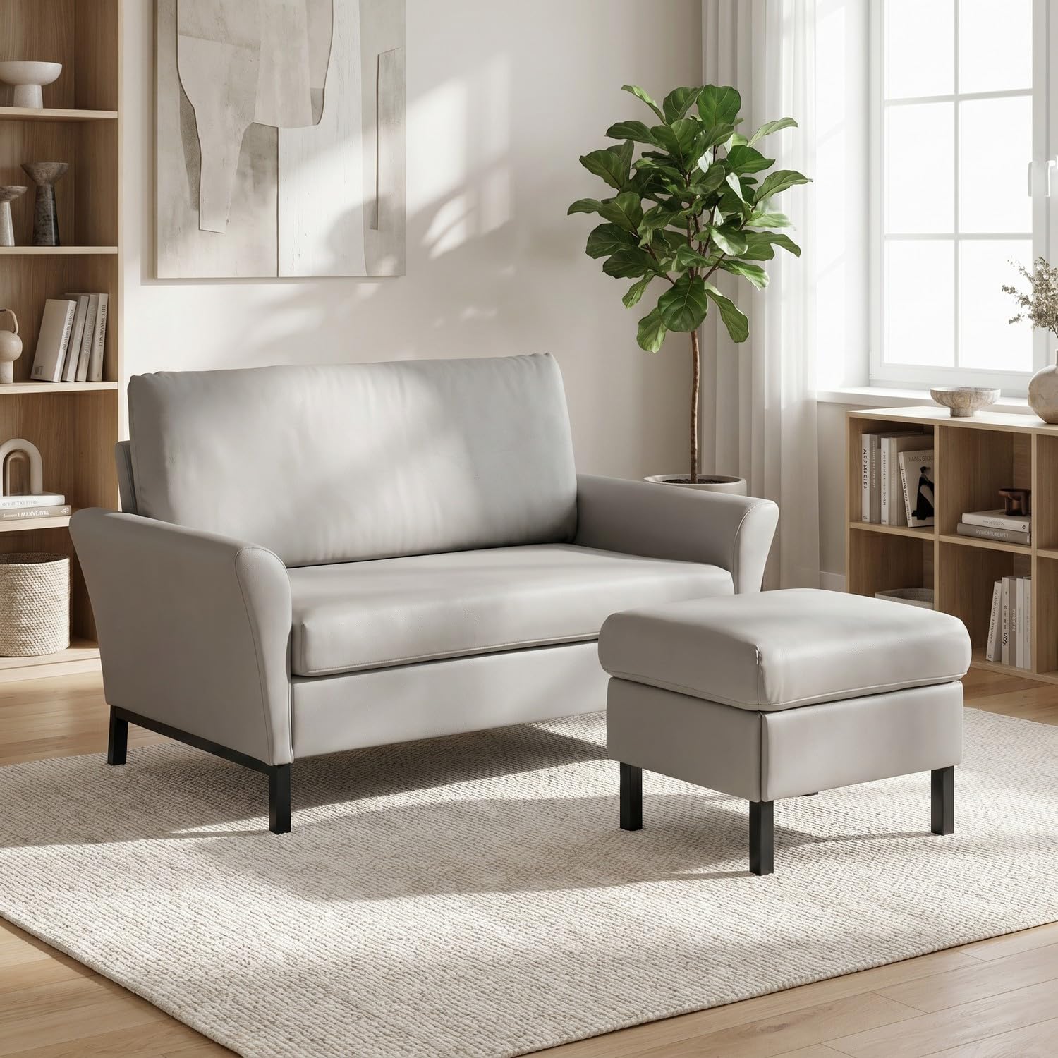 Hroth Faux Leather Sofa 2 Seater with Footstool, Small L Shape Corner Couch, Modern PU Modular Settee with Ottoman, Easy Clean Lounge, Grey