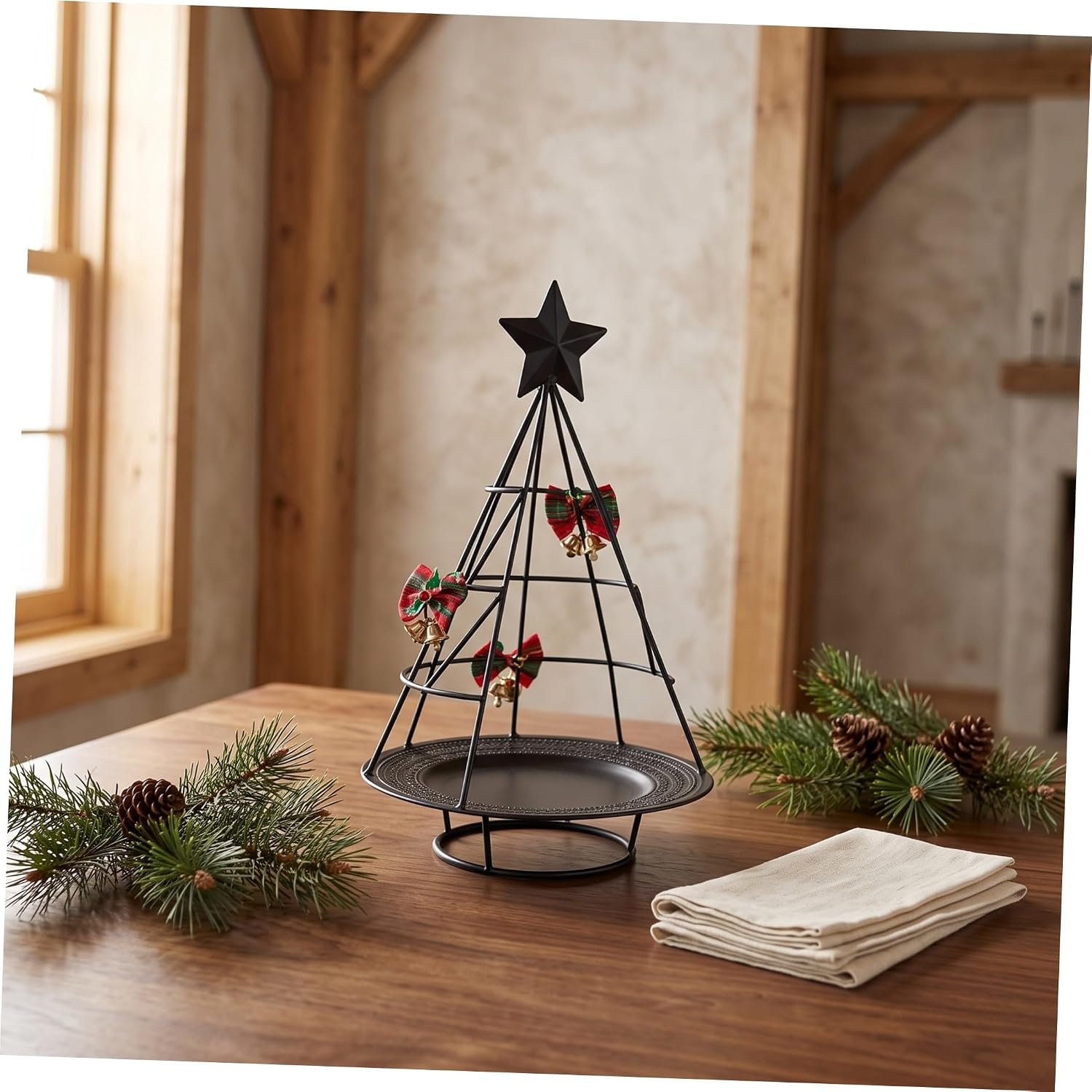 Iron Christmas Tree Tray Holiday Tabletop Display Stand Black