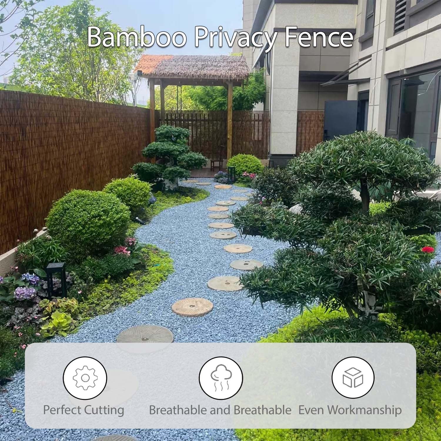 Cerca de bambú Natural en Rollo, de 1,8 m de Alto, Ideal para Exteriores, para privacidad, Patios, Jardines y terrazas (Alambre Amarillo y Blanco, 1,6 m x 2,7 m)