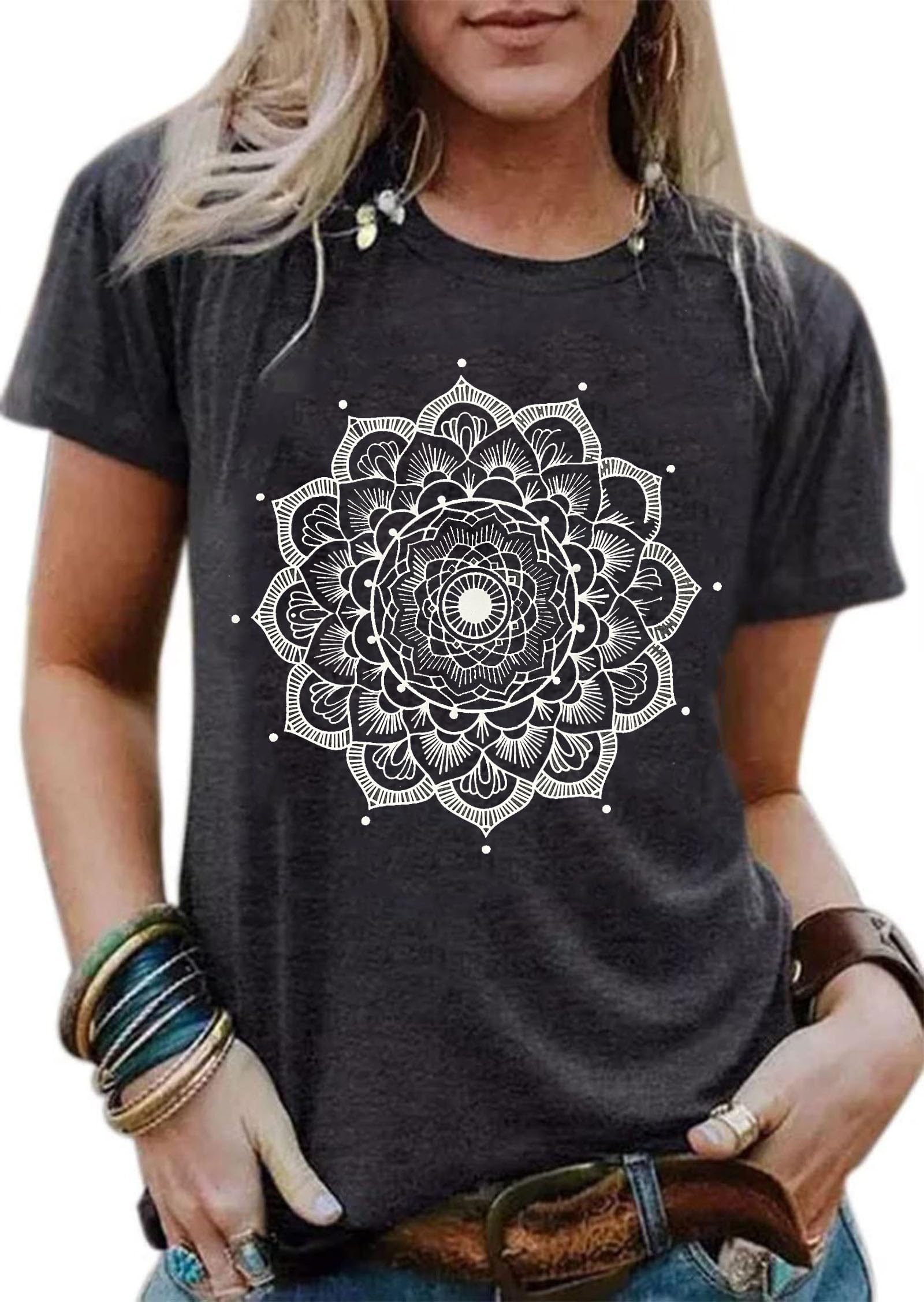JMFXBMandala Shirts Women Lotus Flower Graphic Tees Shirts Short Sleeve Summer Casual Tops Blouse