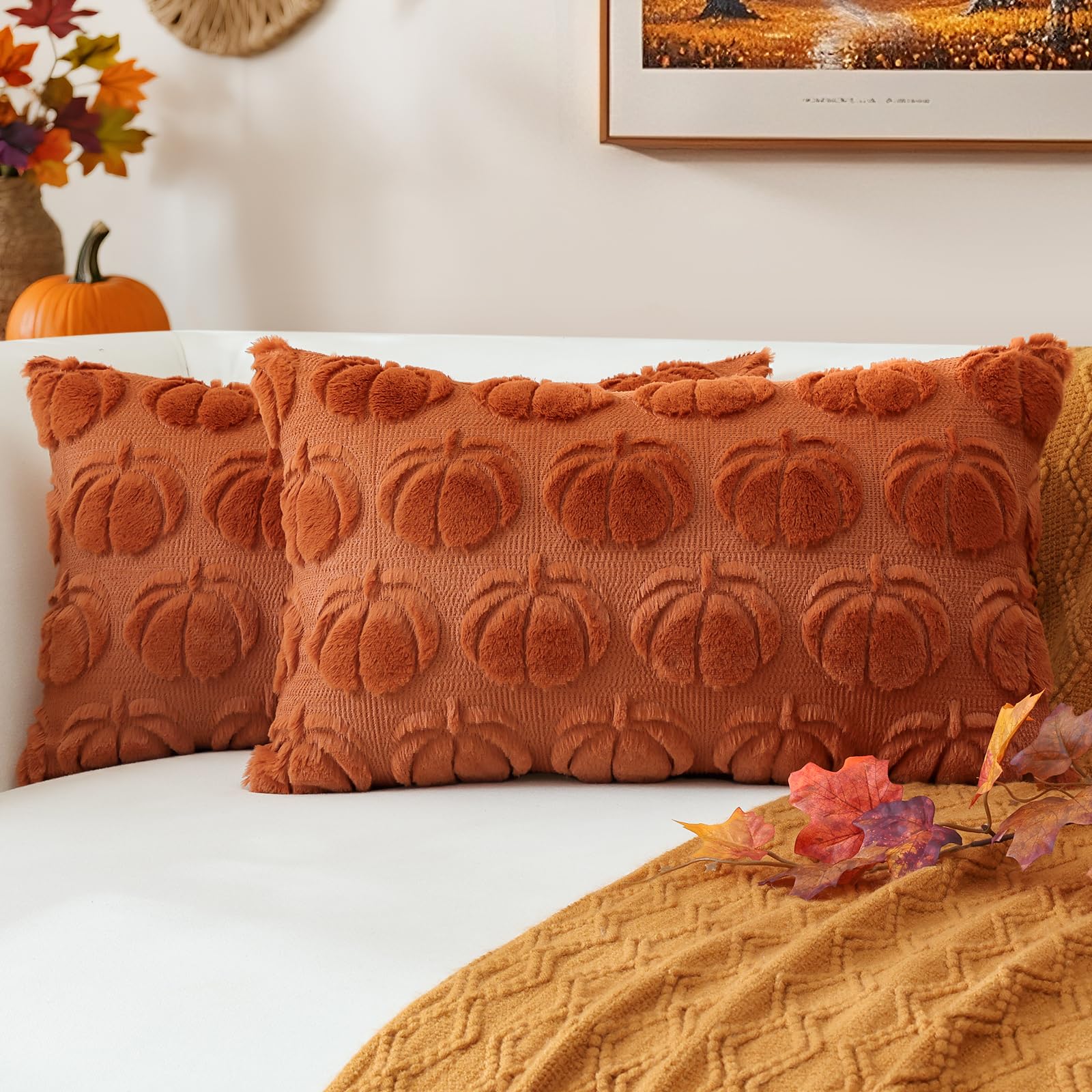 JOTOM Fall Cushion Covers 40x60cm Set of 2 Pumpkin Autumn Thanksgiving Decorative Throw Pillow Covers Soft Plush Faux Fur Pillow Case for Home Bedroom Couch Sofa Decor (Rust) — image 1