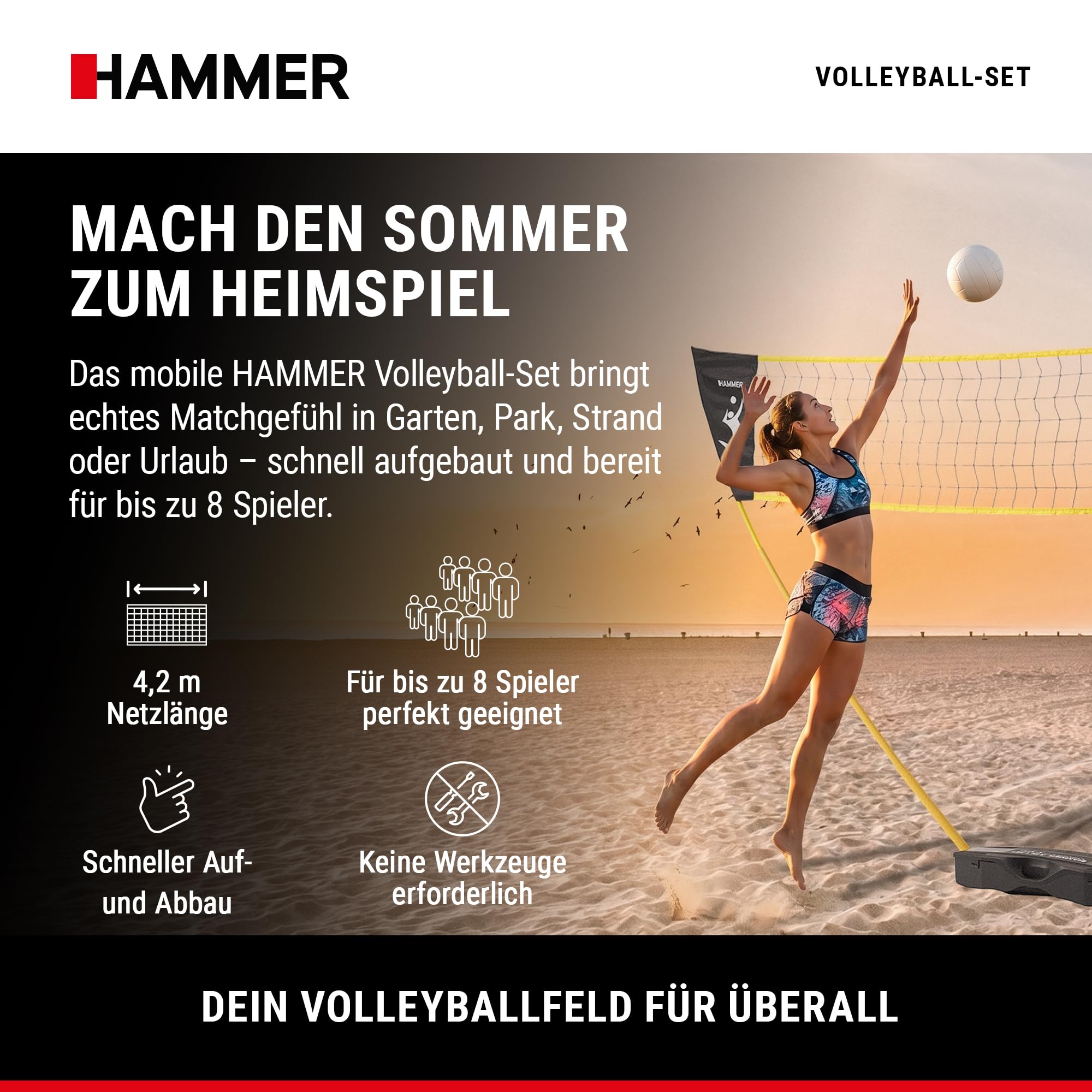 HAMMER Volleyball Netz Set - Volleyball-Set mit Tragekoffer, Pfostenständer, Courtline und Bodenheringe, Leichter Aufbau, Volleyball-Zubehör Spaß für jung und alt