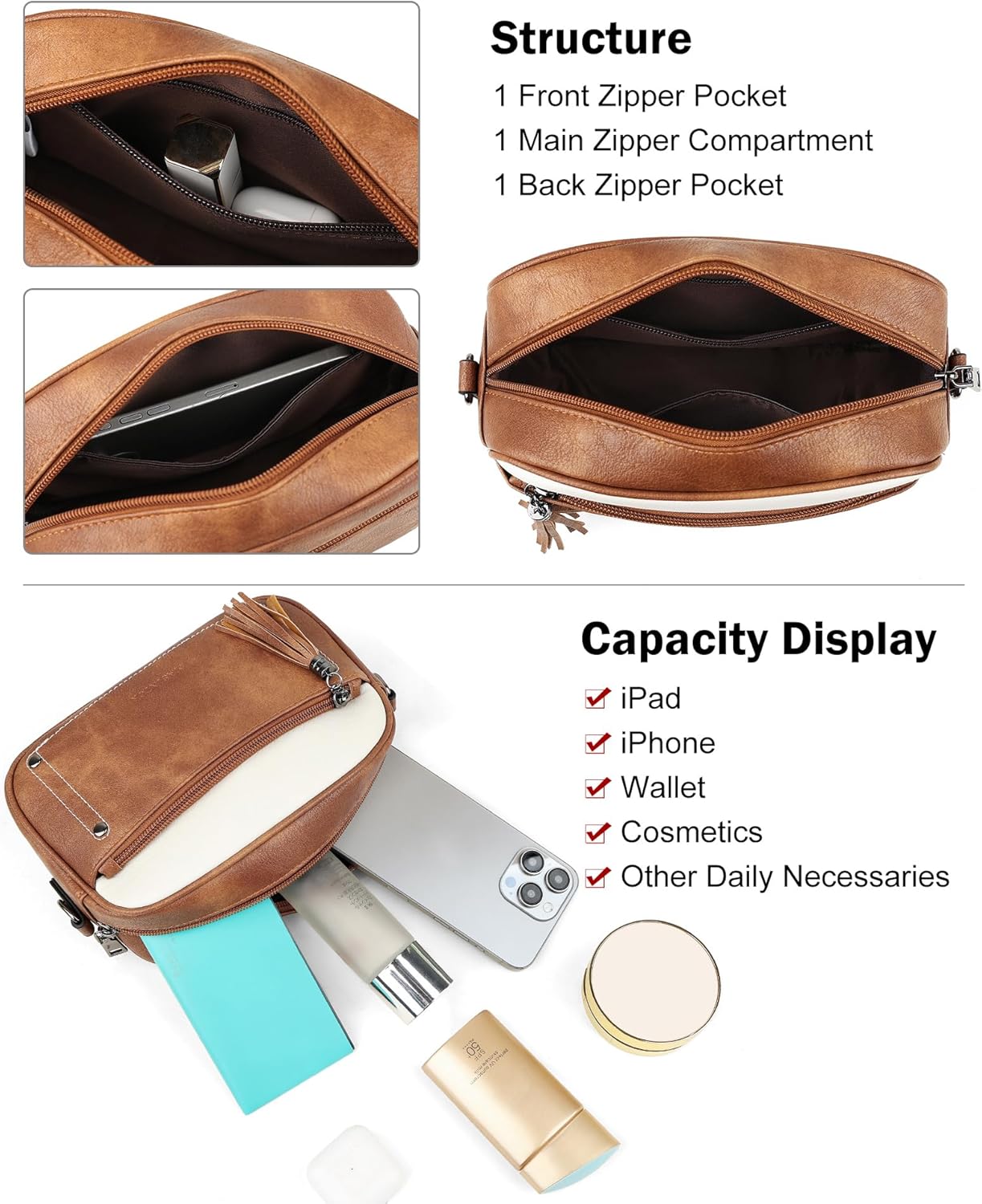 MASINTOR Crossbody Purses for Women Vegan Leather, Travel Purse Shoulder Handbag with Adjustable Strap and Tassel - Image 4