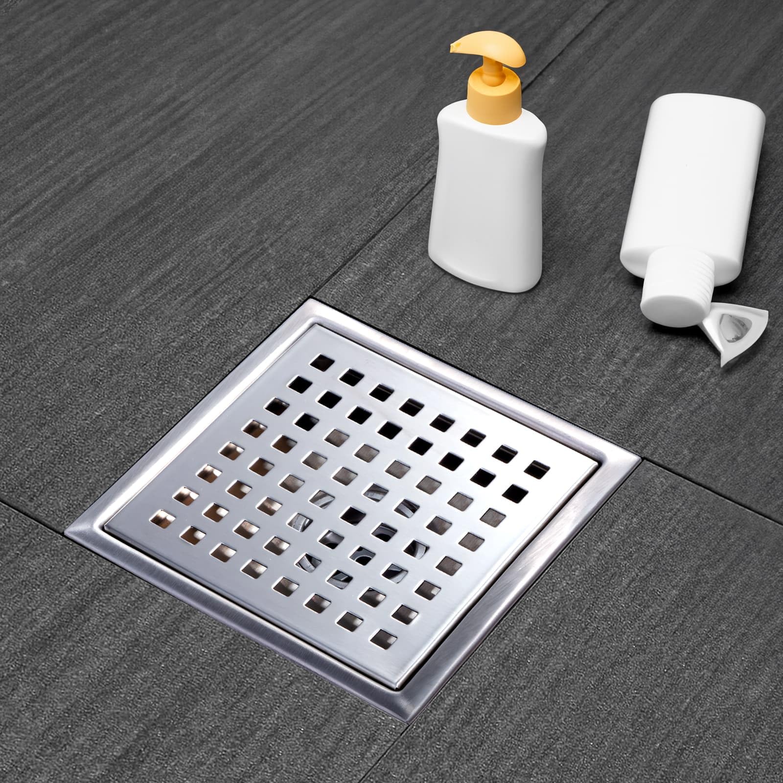 Desagüe de ducha cuadrado, desagüe de ducha plateado de 6 pulgadas con brida y cubierta de rejilla extraíble, drenaje de piso de ducha de acero inoxidable AISI 304 con recogedor de pelo y