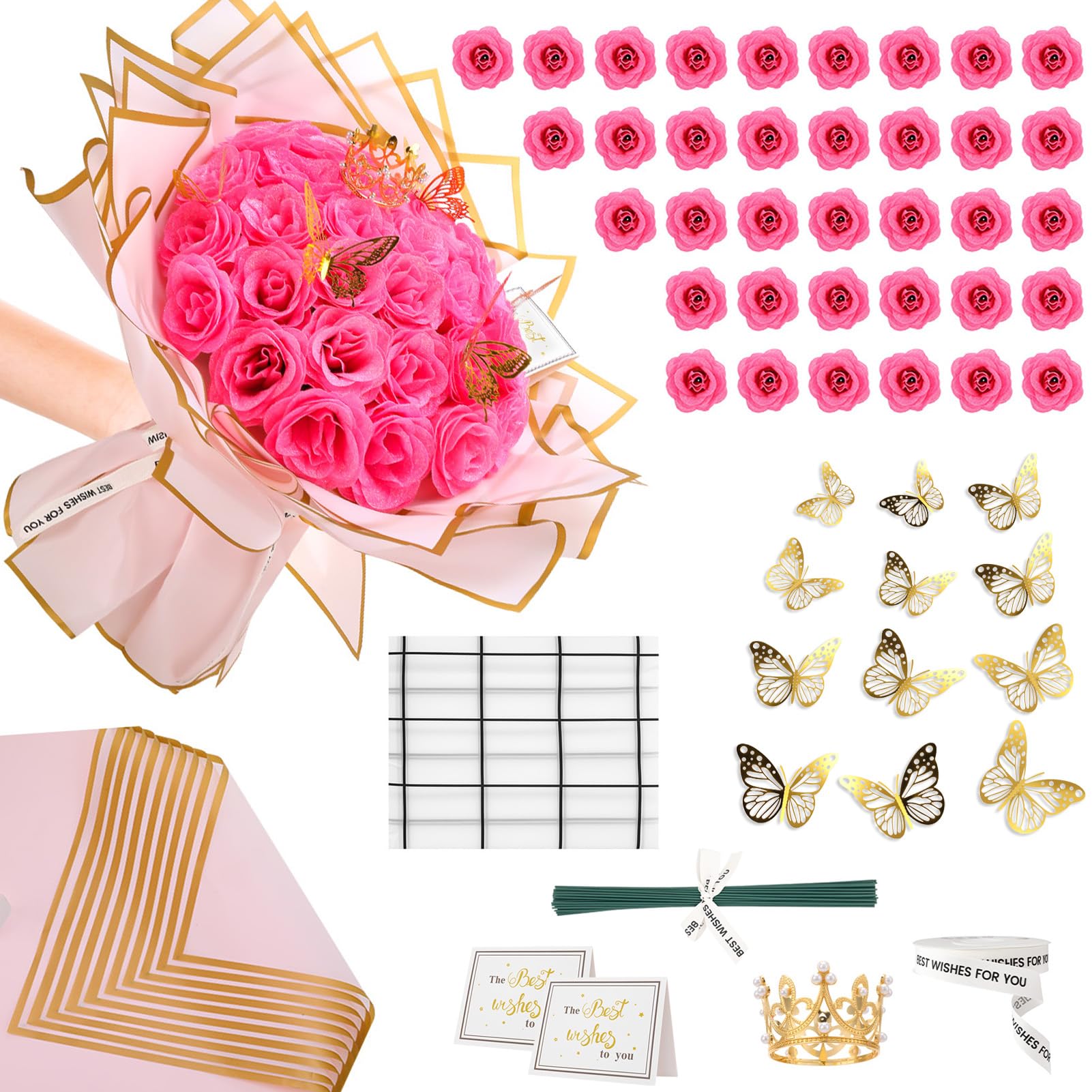saerryor 36 PCS Glitter Roses Bouquet Kit,Sparkling Flower(Pink Roses)