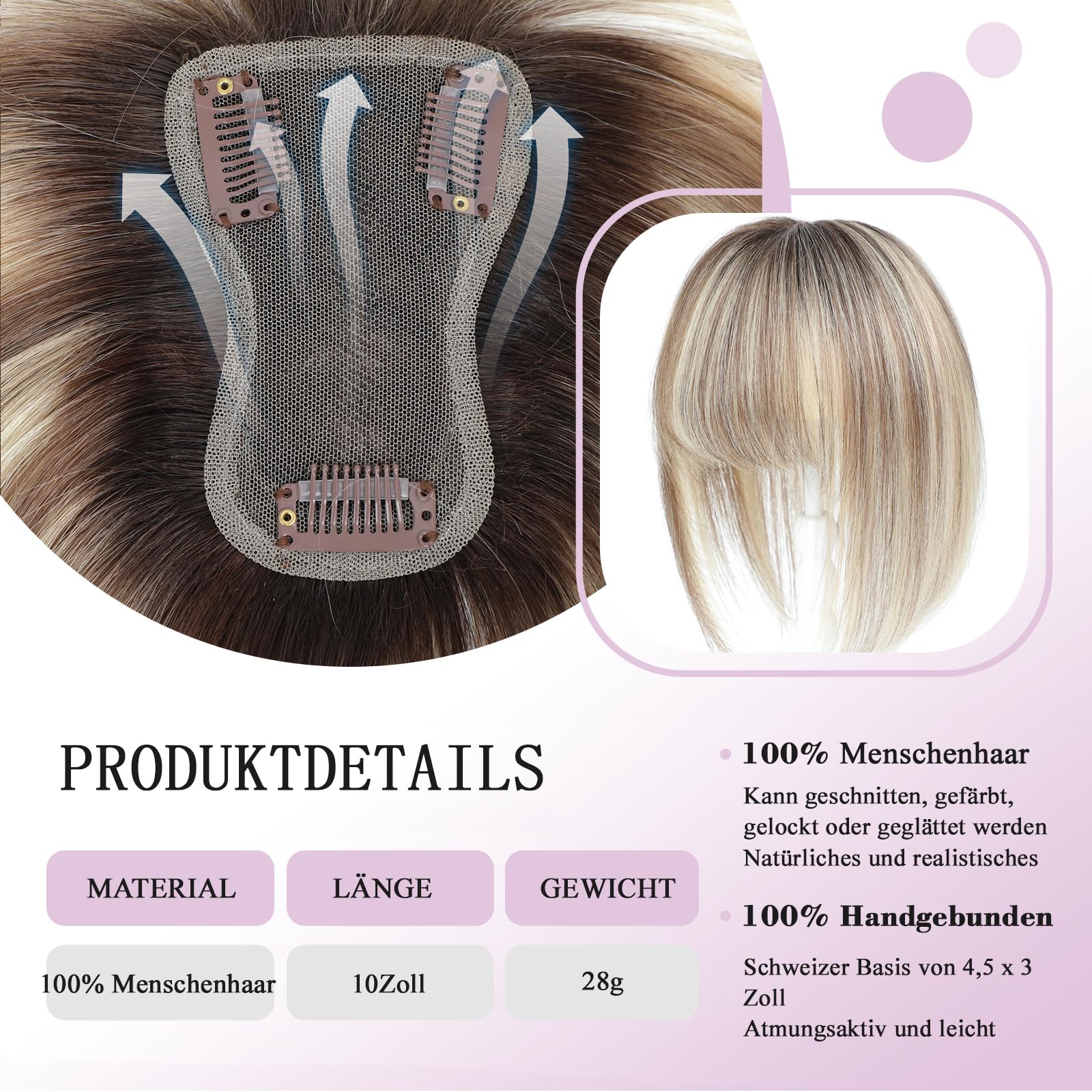 Haar Toppers für Frauen aus echtem Menschenhaar mit Pony, handgenäht 360°3D-Abdeckung, natürlich für dünner werdendes Haar Haarstücke für Frauen Topper (Ombre Light Brown with Blond Highlight)