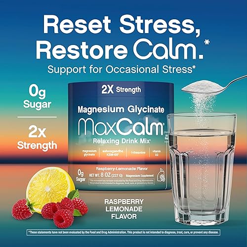 Miniatura 6 de Mezcla de bebida relajante  Sabor a limonada de frambuesa  Glicinato de magnesio, Ashwagandha KSM-66, L-teanina y vitamina D3  MaxCalm  Sin gluten,