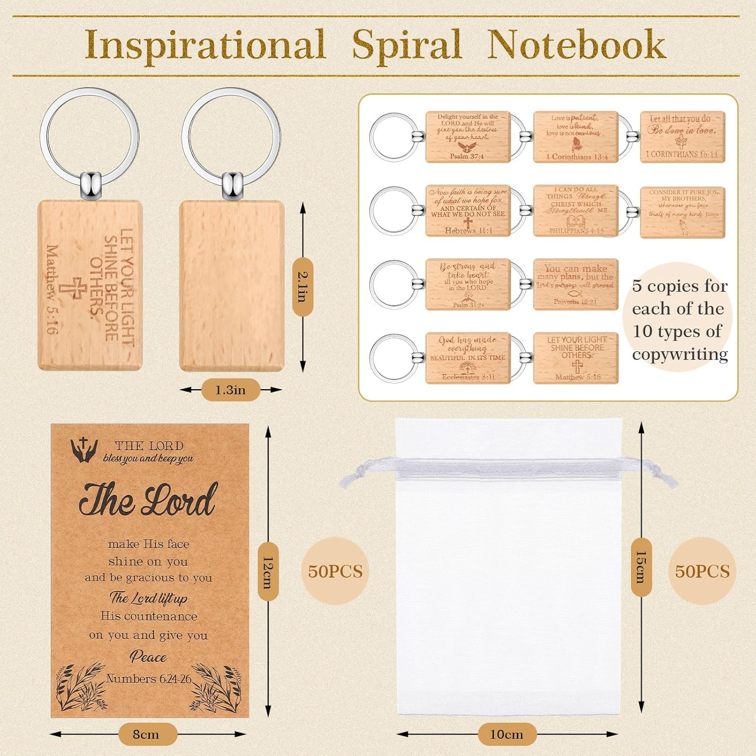 Siifert 50 Sets Christian Gifts Set Include Wooden Bible Verse Keychain Inspirational Scripture Cards with Bible Verses and White Organza Bags for Men Women Office School Church Supplies (Square)