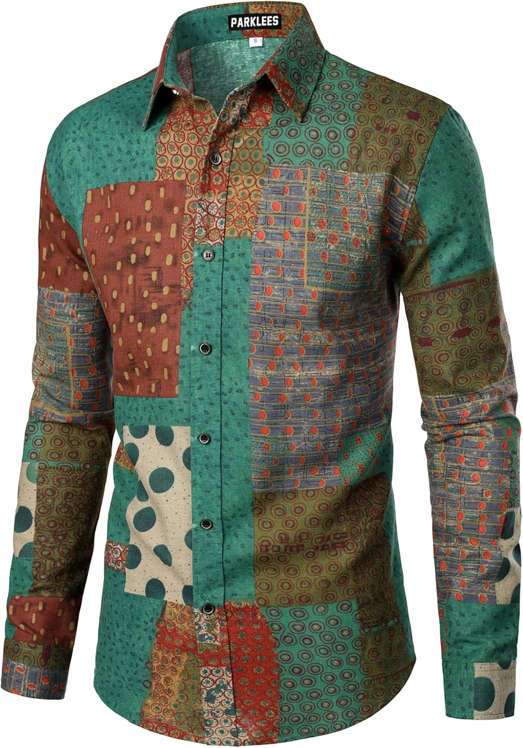 PARKLEES Men's Cotton Linen-Like 70s Disco Retro Traditional Pattern Printed Long Sleeve Button Down Shirt - Image 3