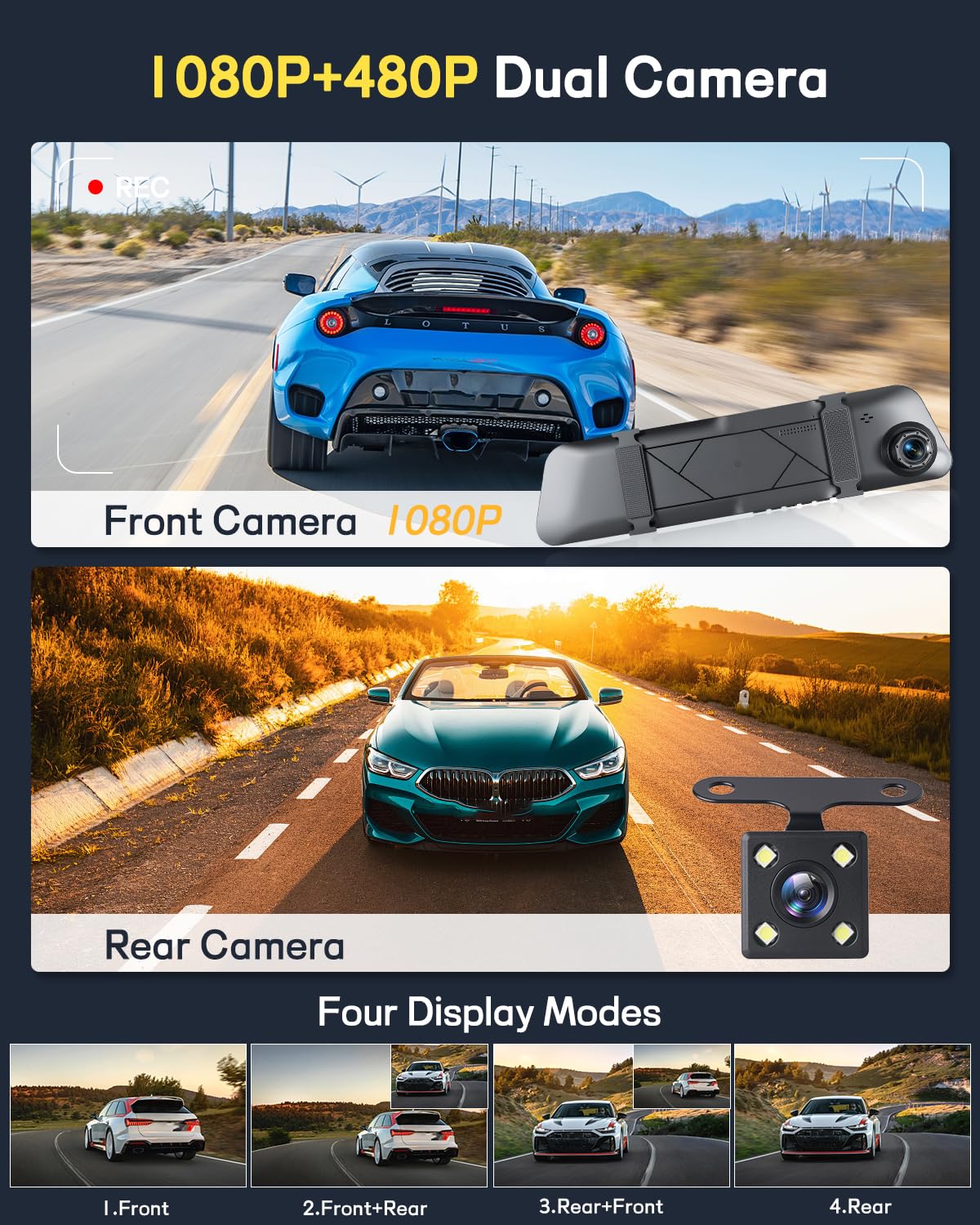 NHOPEEW 1080P Dash Cam con specchio e schermo da 4,5 pollici - Telecamere anteriori e posteriori Supporta registrazione in loop Controllo dell'esposizione della linea di retromarcia Visione notturna