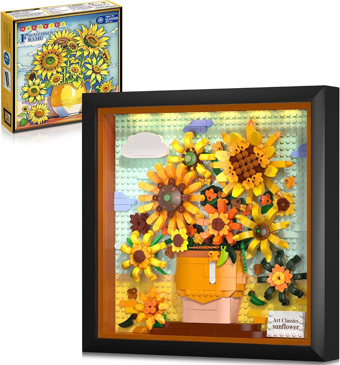 HOGOKIDS Flowers Sunflower Building Set with Lights Botanical Collection | 807PCS Painting Frame Artwork Mini Building Blocks for Home Decor, Van Gogh Wall Art Set, Birthday Gift for Adults Teens Girl