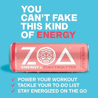 ZOA Zero Sugar Energy Drink, White Peach, 12 Pack, 12 Fl Oz Cans