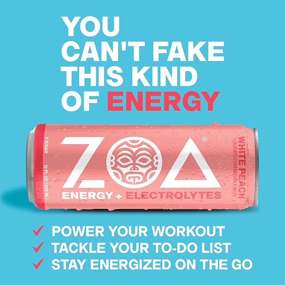 ZOA Zero Sugar Energy Drink, White Peach, 12 Pack, 12 Fl Oz Cans