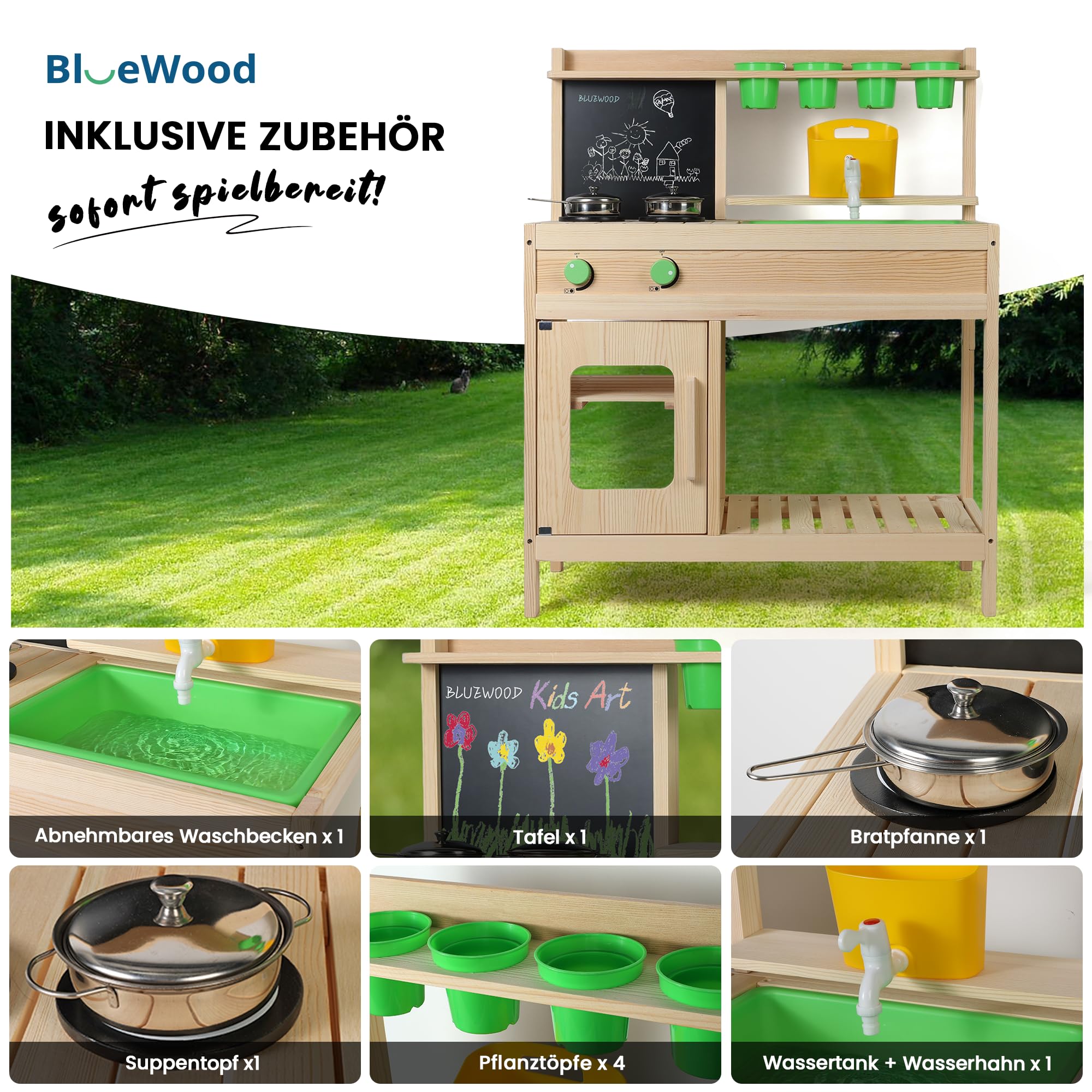 Cucina Giocattolo Montessori in Legno per Bambini | Cucina da Esterno BlueWood | Rubinetto Funzionante, Lavello Grande, Ripiani e Accessori | Gioco Educativo Sensoriale