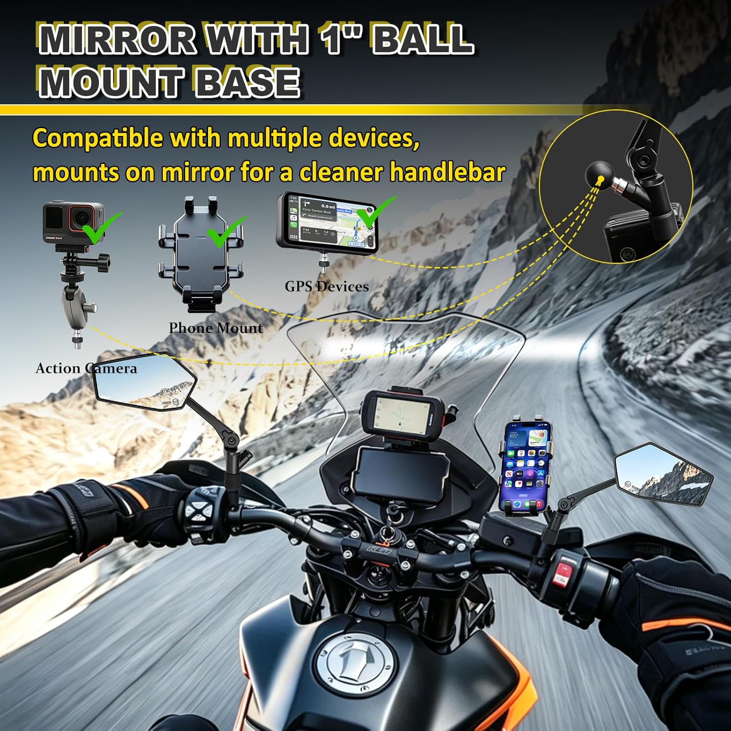 Motorcycle Mirrors for Handlebars, Motorcycle Rear View Mirrors with 1" Ball Mount Base, Fits M10 Mirror Mounts & 7/8" Handlebars, Anti-Glare Convex Mirrors for Dual Sport Dirt Bike ATV Moped