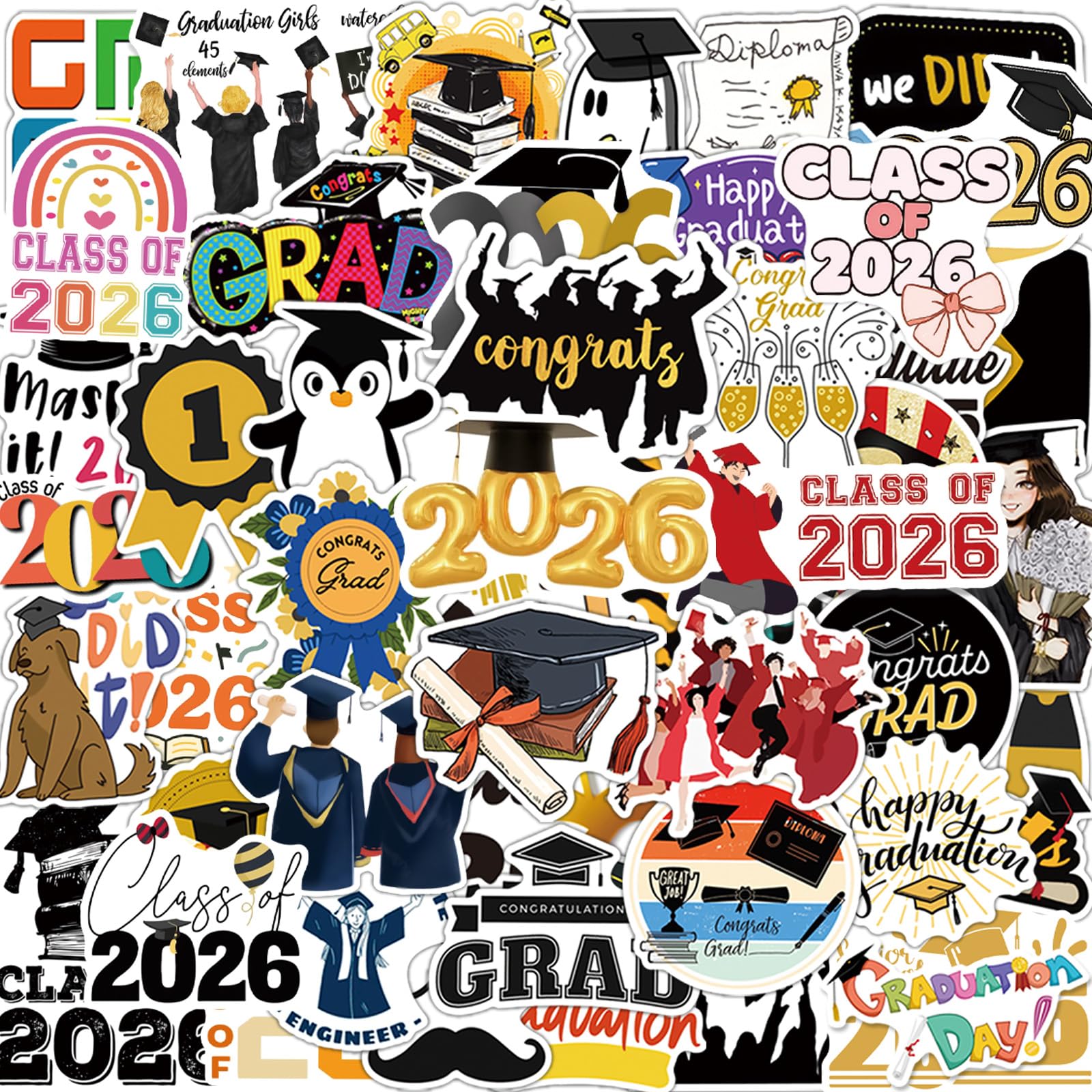 50Pcs Graduation Stickers 2026 College Class of 2026 Stickers for Graduation Decorations Graduation Party Decorations 2026 Waterproof Vinyl Stickers for Water Bottle, Laptop, Skateboard