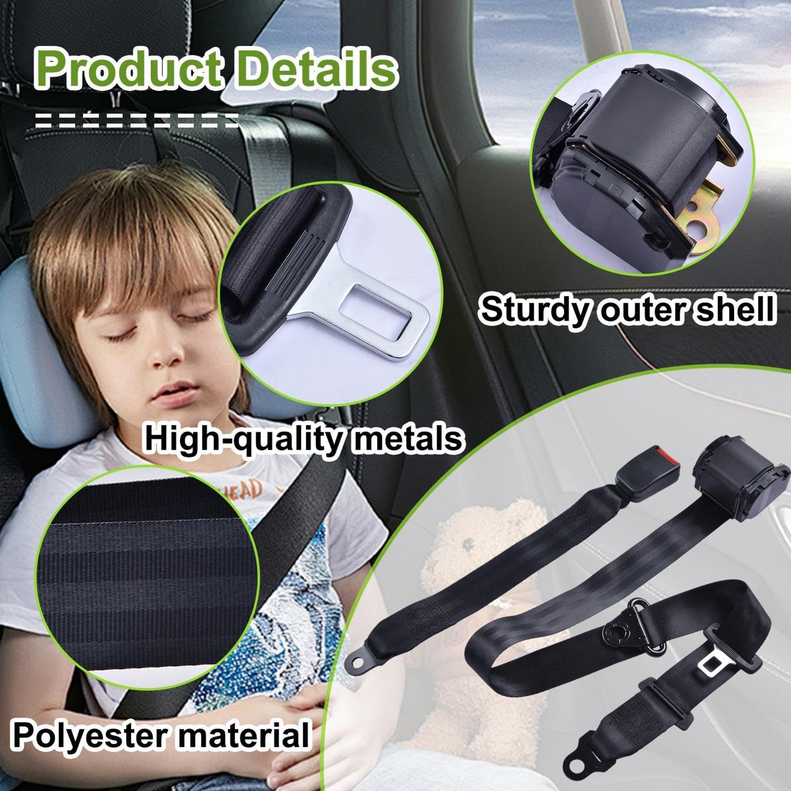Paquete de 2 cinturones de seguridad retráctiles automáticos de tress puntos de 3 m x 48 mm, para sedanes, camionetas, autocaravanas, vehículos y remolques, asientos delanteros y traseros