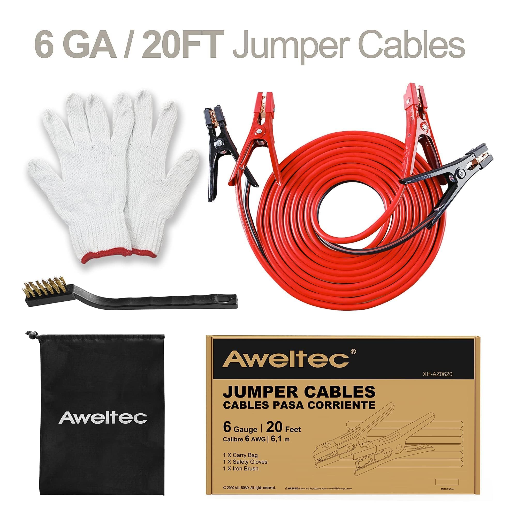 Jumper Cables Cables de Arranque de batería de Calibre 6 de 20 pies para Coche de -40.0 °C a 60.0 °C, Cables de Refuerzo Resistentes con Bolsa de Transporte, Guantes de Seguridad y Cepillo de