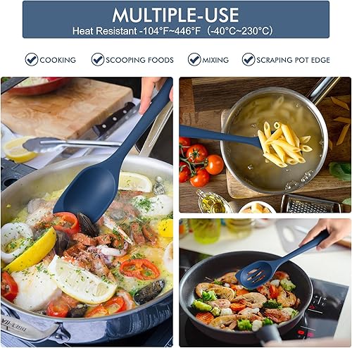 Miniatura 6 de HOTEC Cuchara de cocina de silicona, cuchara grande de cocina sólida y ranurada para mezclar, cucharas para raspar, resistentes al calor,