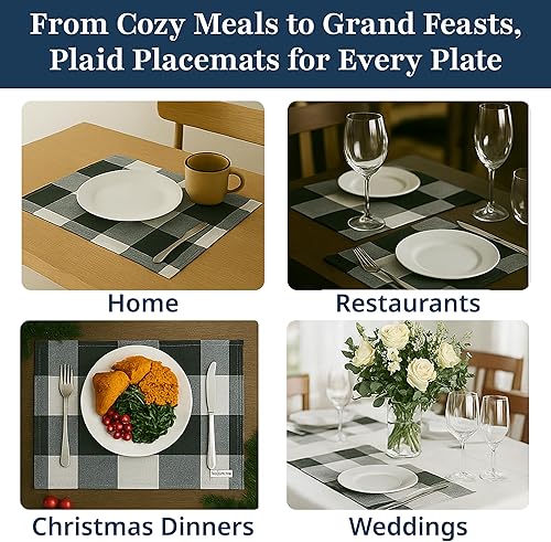 Miniatura 7 de LANE LINEN Juego de 6 manteles individuales decorativos de algodón para cocina, 13 x 19 pulgadas, color gris a cuadros